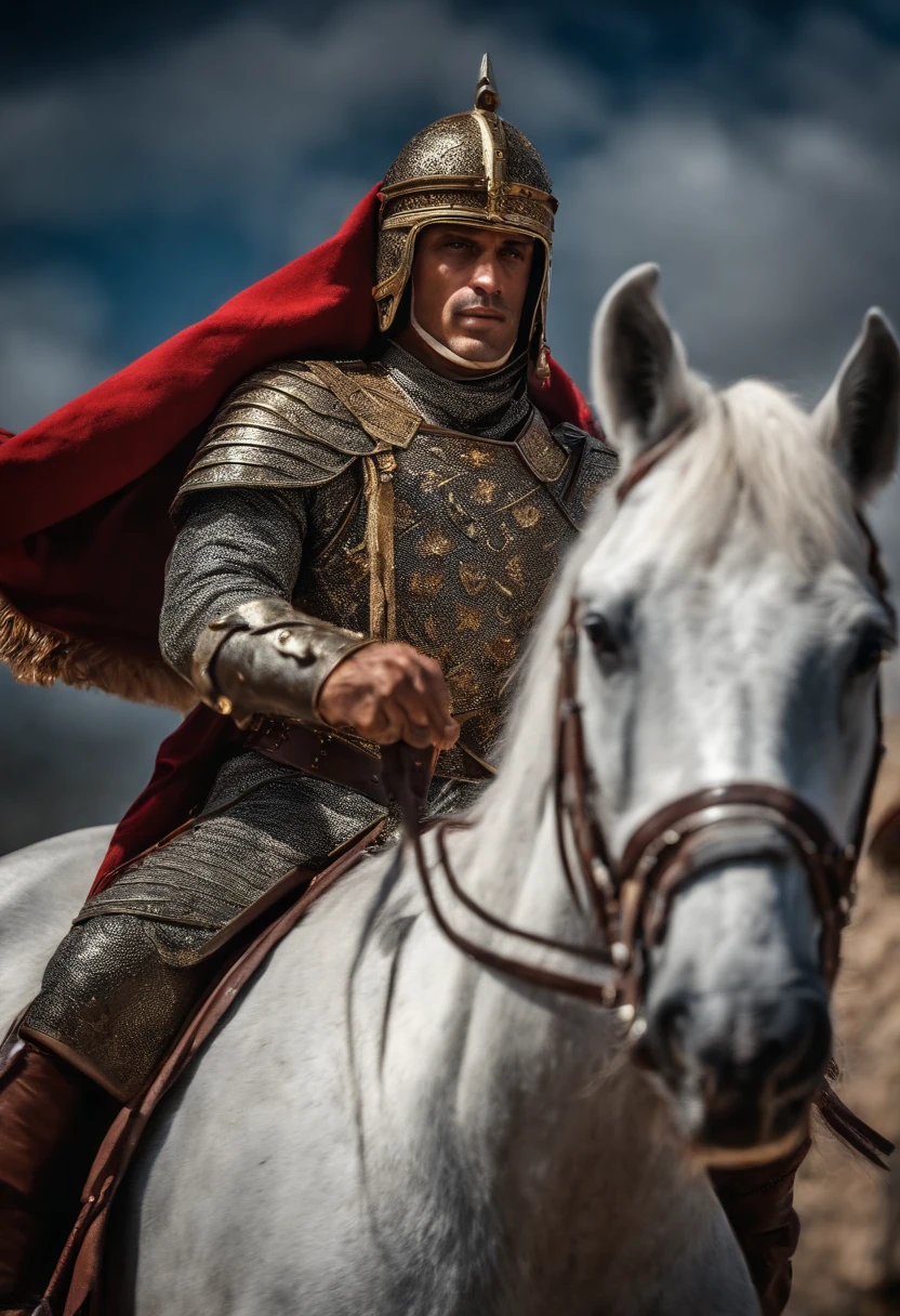 soldado negro romano segurando uma cruz. Soldado romano bonito com uma cruz. Cruz escrita hoje. Homem bonito. Soldado de Roma. Foto realista.