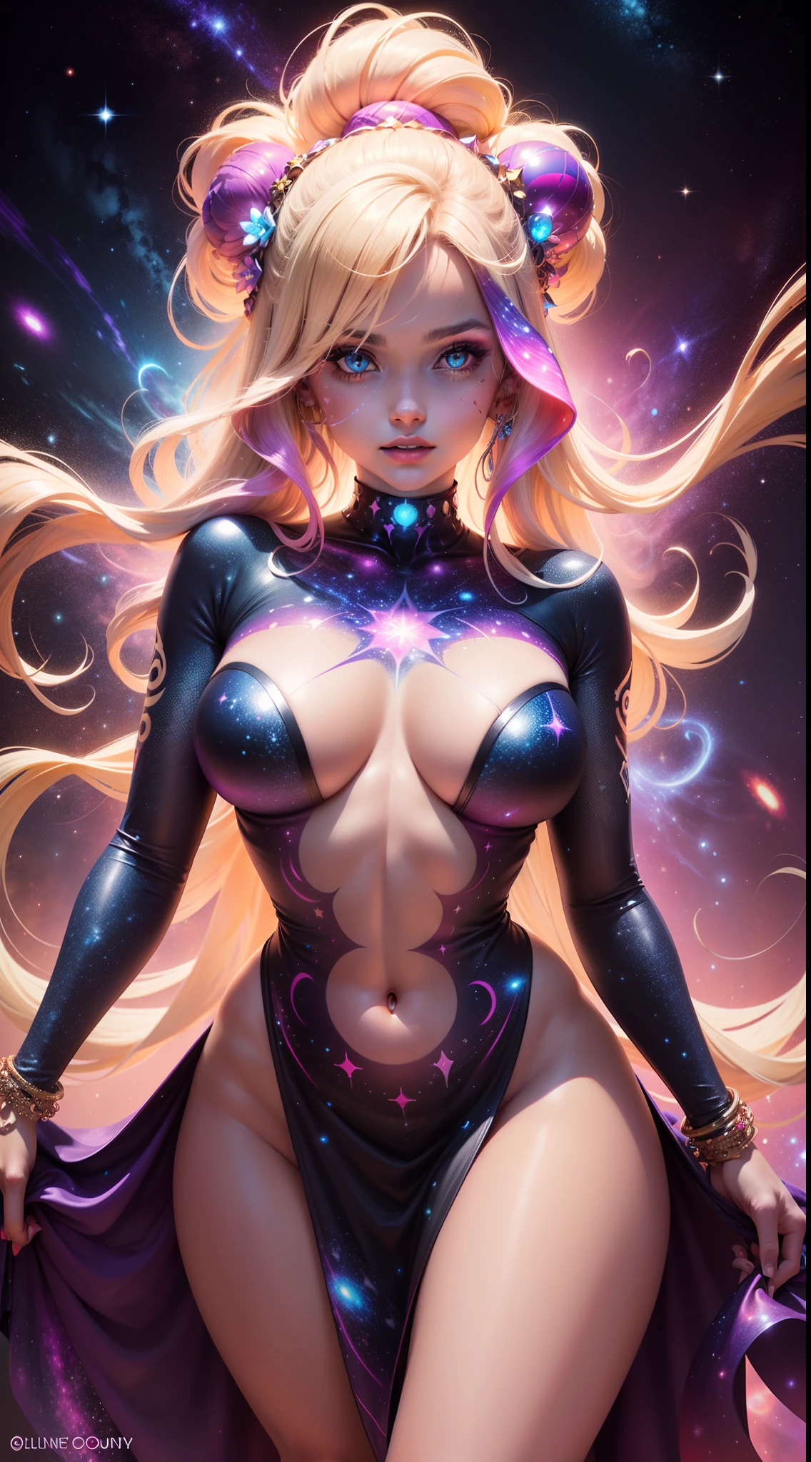 a woman with a body painted like a galaxy, cosmic girl, cosmic goddess, goddess of galaxies, blonde girl in a cosmic dress, portrait of a cosmic goddess, splashes of neon galaxies, cosmic entity, cosmic and colorful, cosmic soul, beauty woman in holograms, psychedelic goddess, 3 d neon art of a womens body, galactic entity, divine cosmic female power