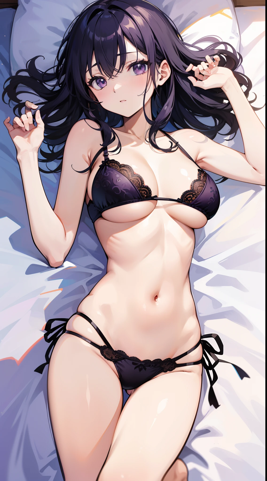 masutepiece、hight resolution、1girl in、in one's underwear only、Dark purple lingerie、large full breasts、Lying on your back in bed、Cute anime illustration、