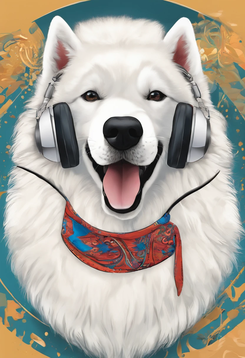 Samoyed in headphones and a bandana around his neck