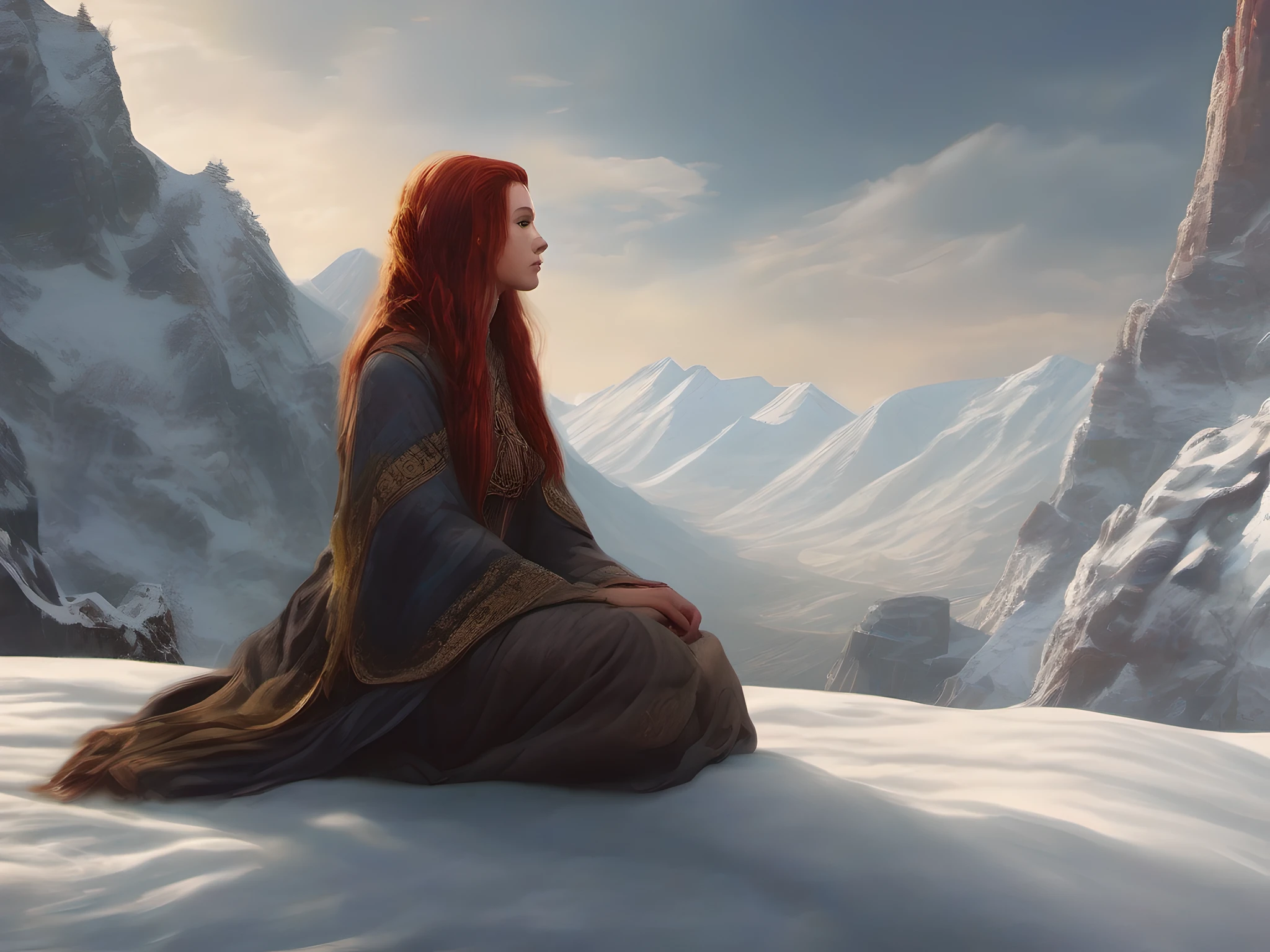 fantasy art, photorealistic, D&D art, a picture of a female monk sitting and meditating on a snowy mountain, on top of a snowy mountain there is a human woman monk wearing monk garbs, meditating near a bonfire on top of the snowy mountain, red hair, long hair, full body (best details, Masterpiece, best quality :1.5), ultra detailed face (best details, Masterpiece, best quality :1.5), ultra feminine (best details, Masterpiece, best quality :1.5), exquisite beautiful (best details, Masterpiece, best quality :1.5) red hair, long hair, braided hair, pale skin, blue eyes, intense eyes, ultra best realistic, best details, best quality, 16k, [ultra detailed], masterpiece, best quality, (extremely detailed), ultra wide shot, photorealism, depth of field, hyper realistic painting, zrpgstyle