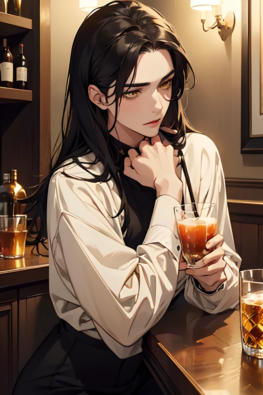 A and sharp focus, in a realistic portrait style with warm colors and soft lighting. (best quality, masterpiece: 1.2), 1 man, teenager, sexy, with black hair, yellow eyes, with red lips with a pale skin tone and dark circles having a drink in a bar, with a serious expression, dressed in clothes autumn, detailed face and sharp focus, portrait style, realistic, Photorealistic: 1.37, warm colors, soft lighting.