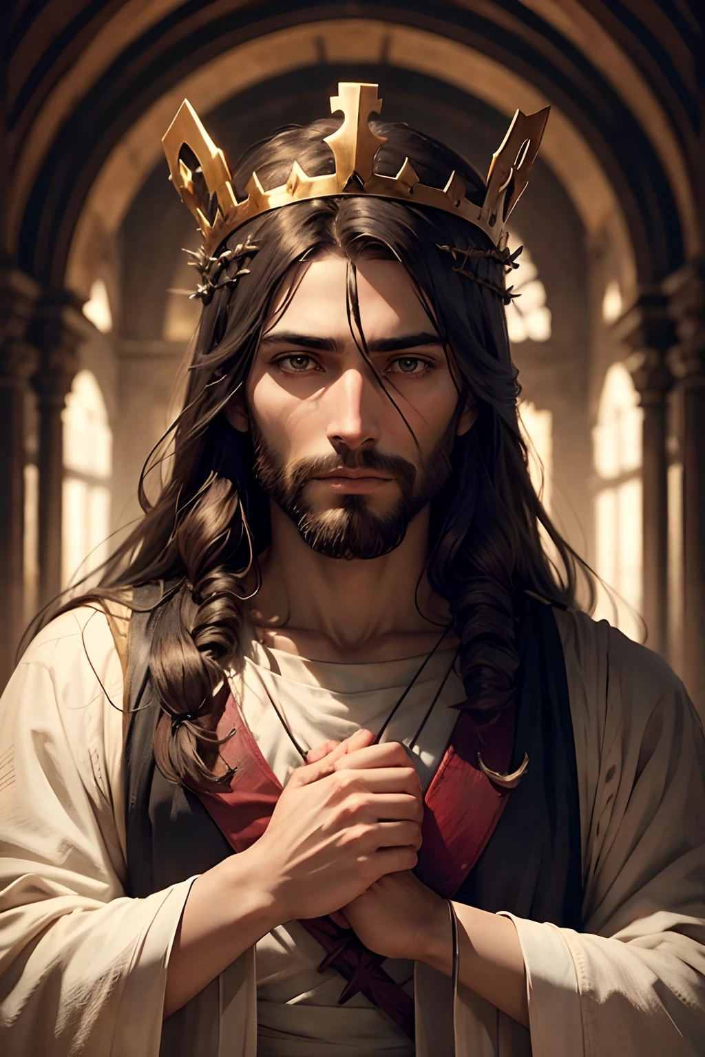 Jesus Christ wearing a crown made of thorns, looking at camera