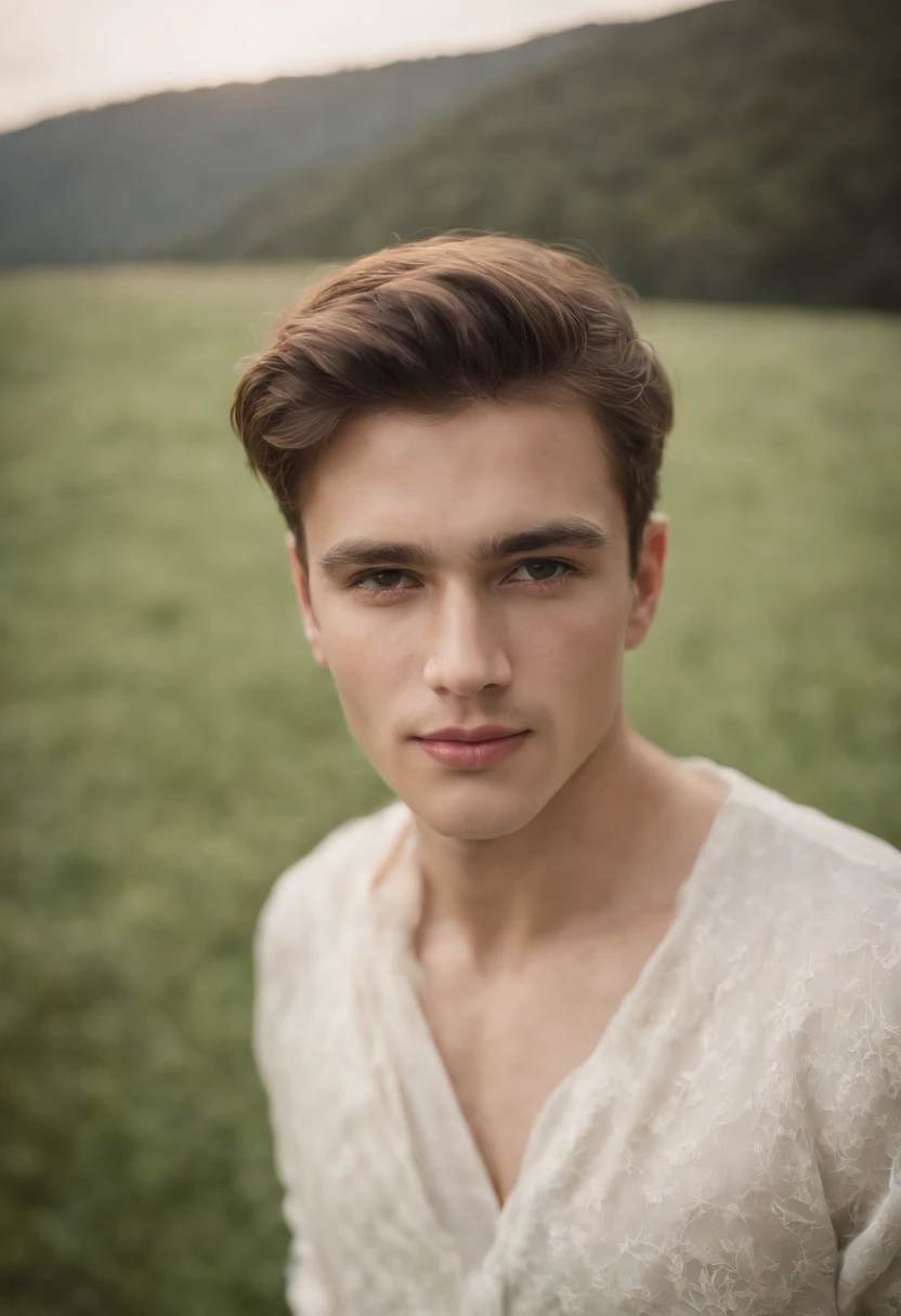 retrato de homens jovem e bonitos, 22 anos, vestido roupas feitas de pele de carneiro branco, fanatical face, in green field on sharp focus background, Studio Photography, detalhes intrincados, altamente detalhado, Esmaltado,mysterious lighting,upper body