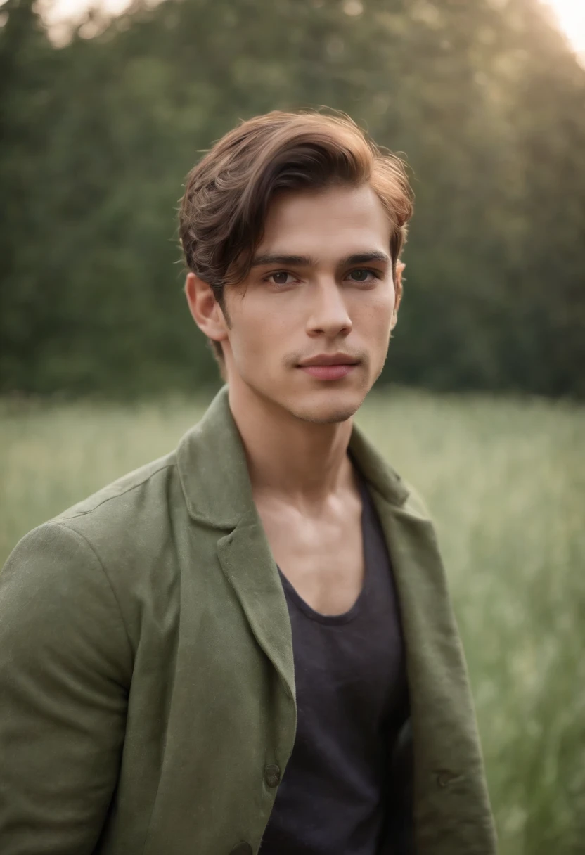 retrato de homens jovem e bonitos, 22 anos, vestido roupas feitas de pele de carneiro branco, fanatical face, in green field on sharp focus background, Studio Photography, detalhes intrincados, altamente detalhado, Esmaltado,mysterious lighting,upper body