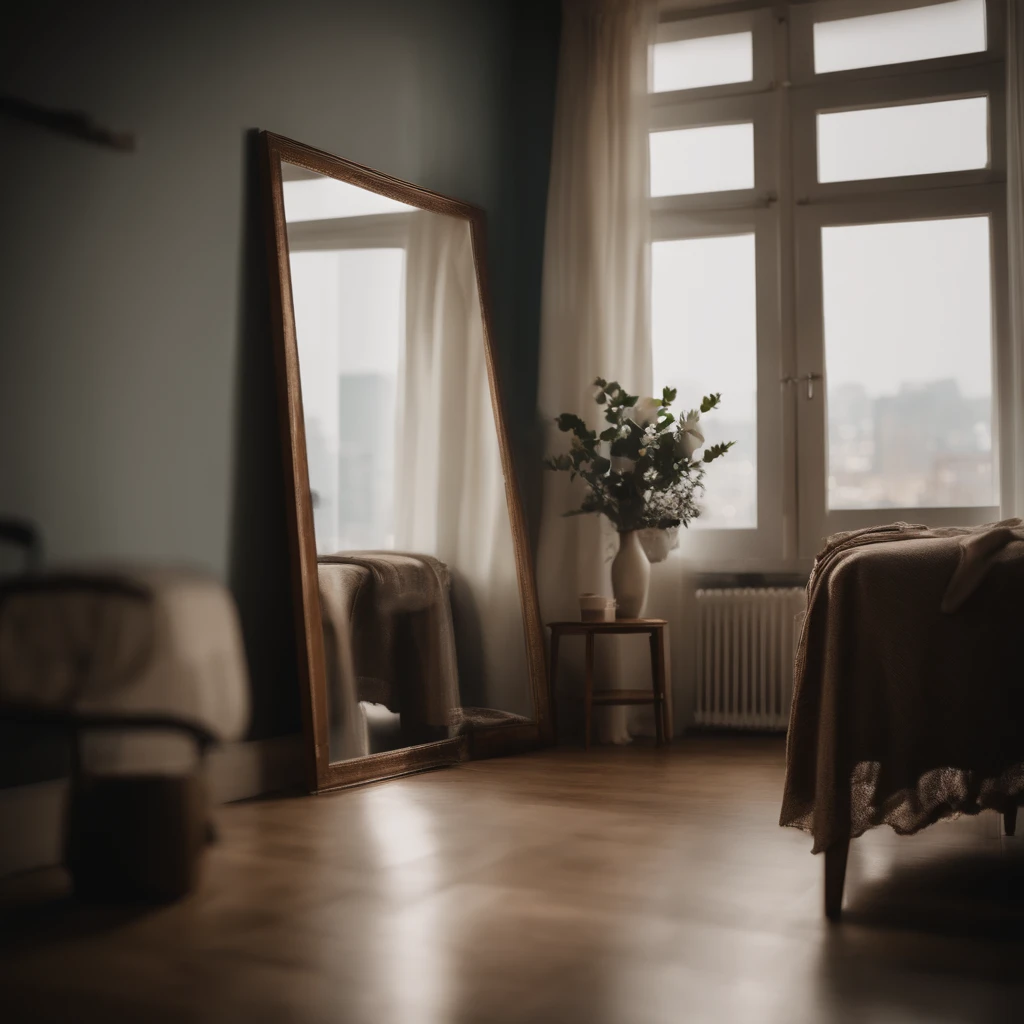 A room in an apartment、The mirror is placed in the middle、A ghost comes out of the mirror、Daytime room