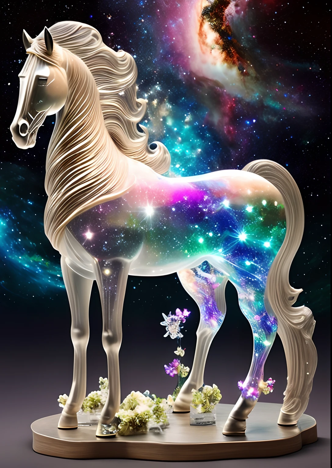 intricate transparent glass interstellar nebula [Pony] statue made of galaxies,  flora and fauna,  hyper realistic,  ultra detailed,  elegant,  beautiful,  1 tail
