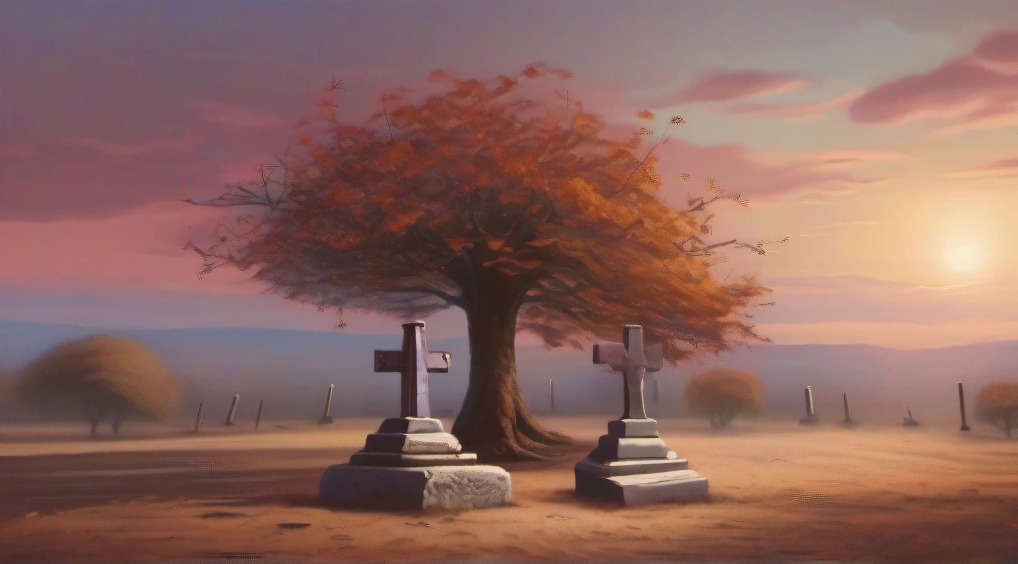 (a small cross marking a grave,ancient tamarind tree with long shadow,dry leaves,old cemetery),oil painting,ultra-detailed,highres,twilight,subtle color palette,soft lighting.