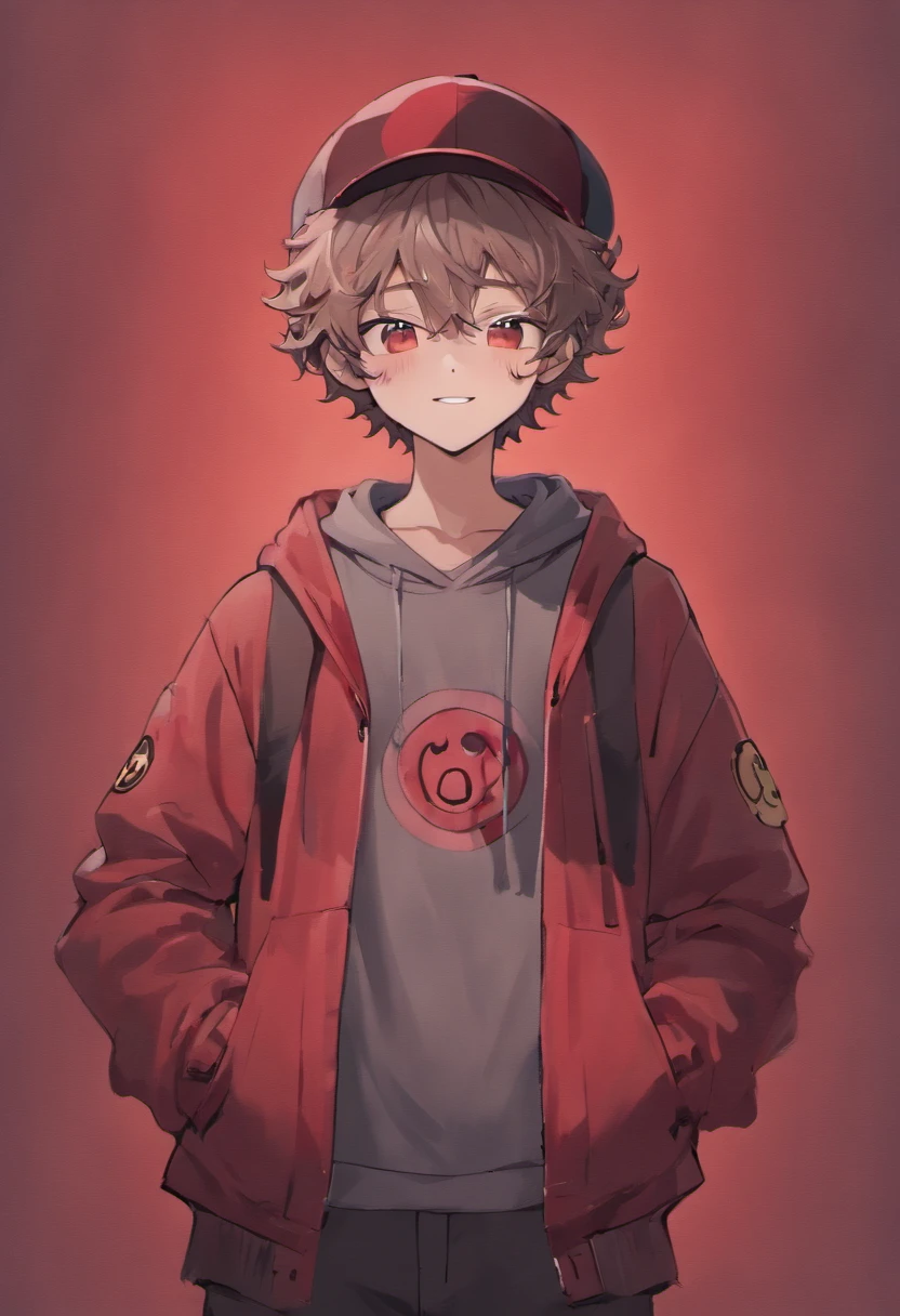 ((boy)),((dark brown light curly hair)), ((wearing grey hat)), ((hat type: bucket hat)), ((hat color: grey)), ((design on hat: simple white smiley face)), ((wearing grey bucket hat with a simple white smiley face )), ((brown hair)), ((race: Hispanic)), ((clothing: red hoodie)), ((wearing red hoodie)), ((nothing on red hoodie)), (( basic red hoodie)), ((pose: doing a peace sign with his hands)),((happy)), ((eyes closed)), ((smiling)), ((eyes closed because of smiling)), ((black pants)), ((gradient of red and black background))