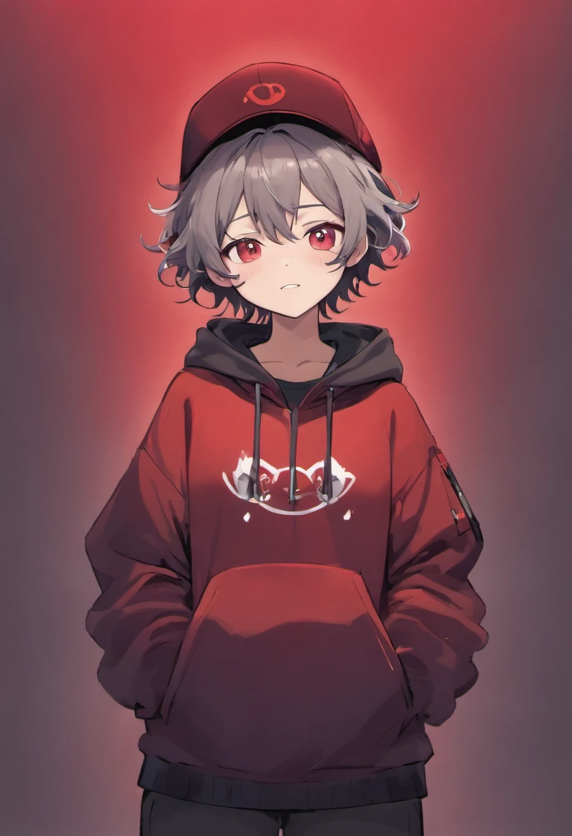 ((boy)),((dark brown light curly hair)), ((wearing grey hat)), ((hat type: bucket hat)), ((hat color: grey)), ((design on hat: simple white smiley face)), ((wearing grey bucket hat with a simple white smiley face )), ((brown hair)), ((race: Hispanic)), ((clothing: red hoodie)), ((wearing red hoodie)), ((nothing on red hoodie)), (( basic red hoodie)), ((pose: doing a peace sign with his hands)),((happy)), ((eyes closed)), ((smiling)), ((eyes closed because of smiling)), ((black pants)), ((gradient of red and black background))