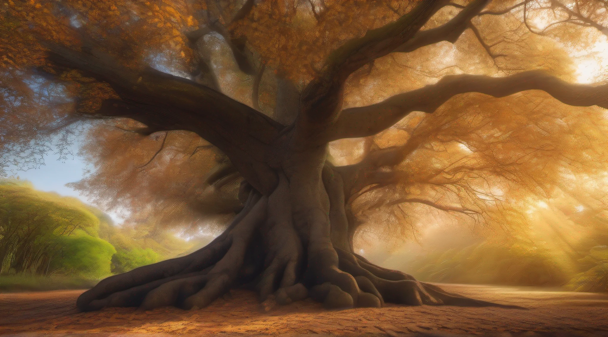 (best quality,4k,8k,highres,masterpiece:1.2),ultra-detailed,(realistic,photorealistic,photo-realistic:1.37), HDR, (large, towering, majestic), old tamarind tree, (ancient trunk, gnarled branches), (long, stretching) shadow, (sunlight, sunlight's rays), (ground, floor) covered in dry leaves, (autumn foliage, autumn colors), peaceful atmosphere, (serene, calm), (golden, warm, sun-kissed) color palette, (subtle, gentle) lighting