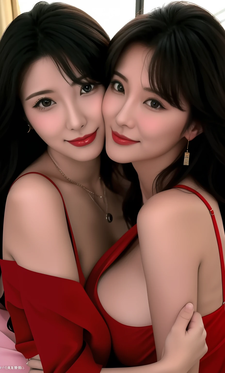 tmasterpiece，best qualityer，(There are only two people:1.3)，Absolutely beautiful，Two mature women，hugs，huge tit,  ecchi anime style,