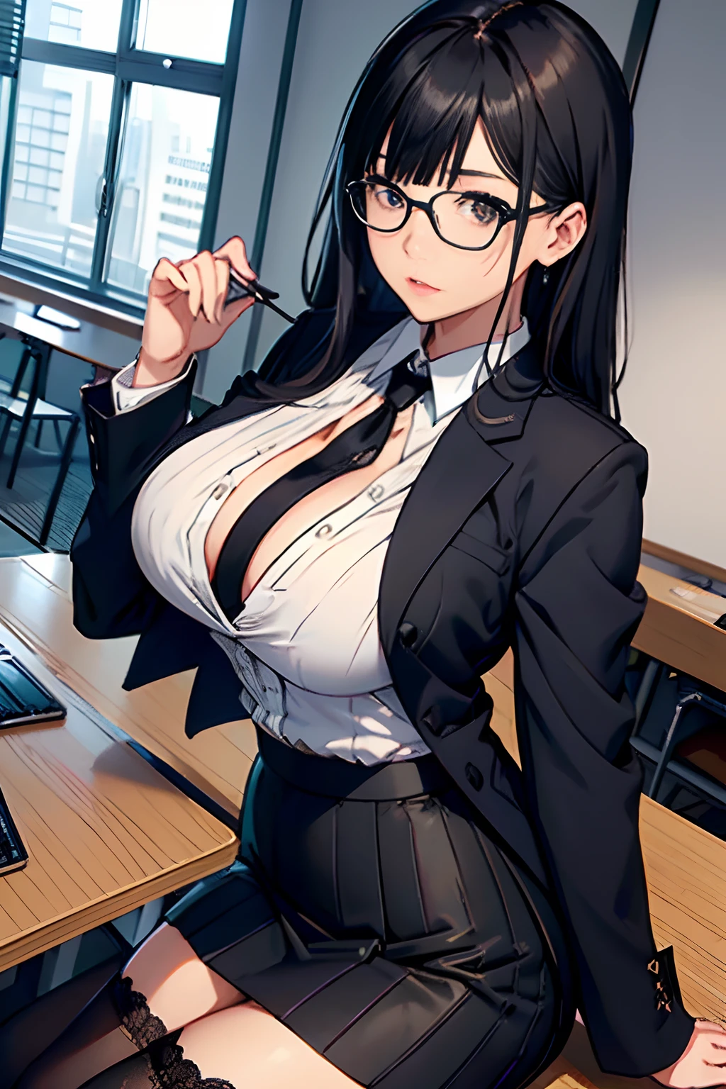 japanes、OL 、A dark-haired long、eye glass、Beige tight skirt、Ren Hao Black stockings、Lace black bra、Open white blouse、Stripes Black suit jacket、Colossal tits、low angles、Ren Hao Blue T-back、Panchira、Company Rooms meeting room