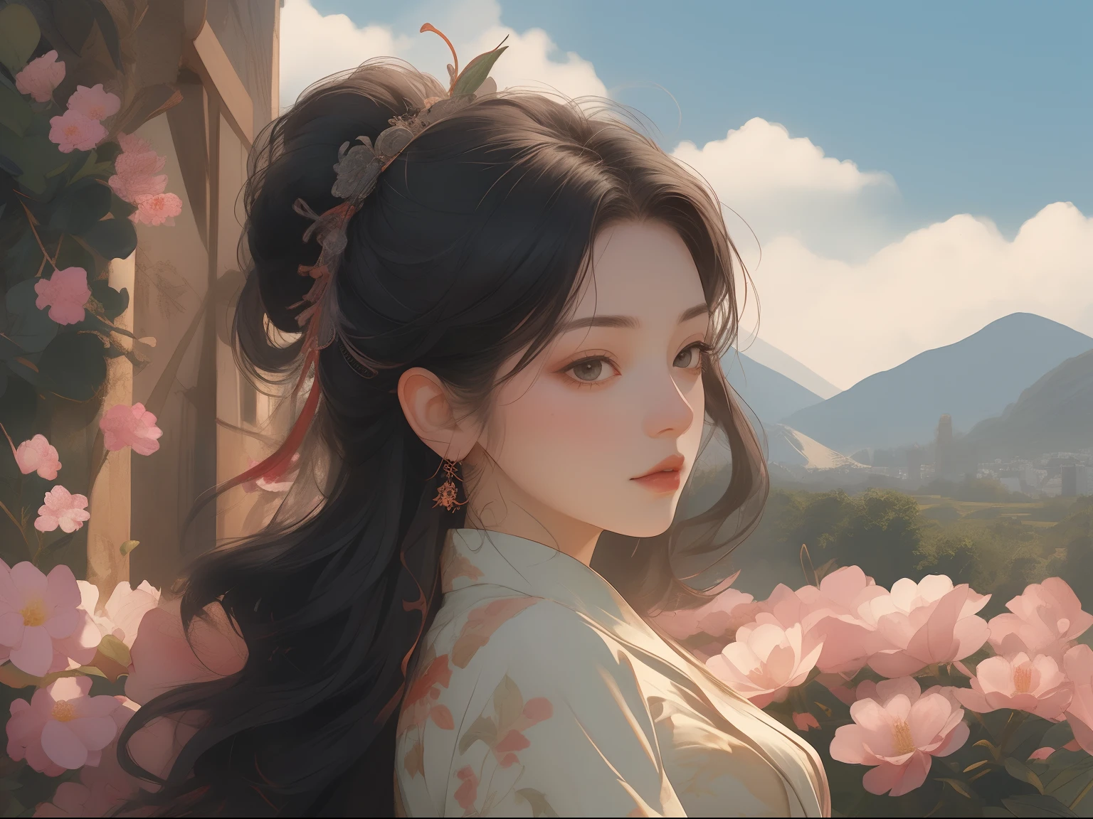 1 flat-chested girl，Close-up of upper body portrait，Thin figure，Black color hair，floated hair，Hazy beauty，Extremely beautiful facial features，Light green embroidered tulle dress，with a hairpin on her head，Lying among the moon-white flowers，Surrounded by flowers，Perfect anatomy，（Skinny figure，flatchest），White flowers，（springtime， Rainy days， terraced， mountain ranges）， Simple vector art， Contemporary Chinese art， the soft light，Overlooking