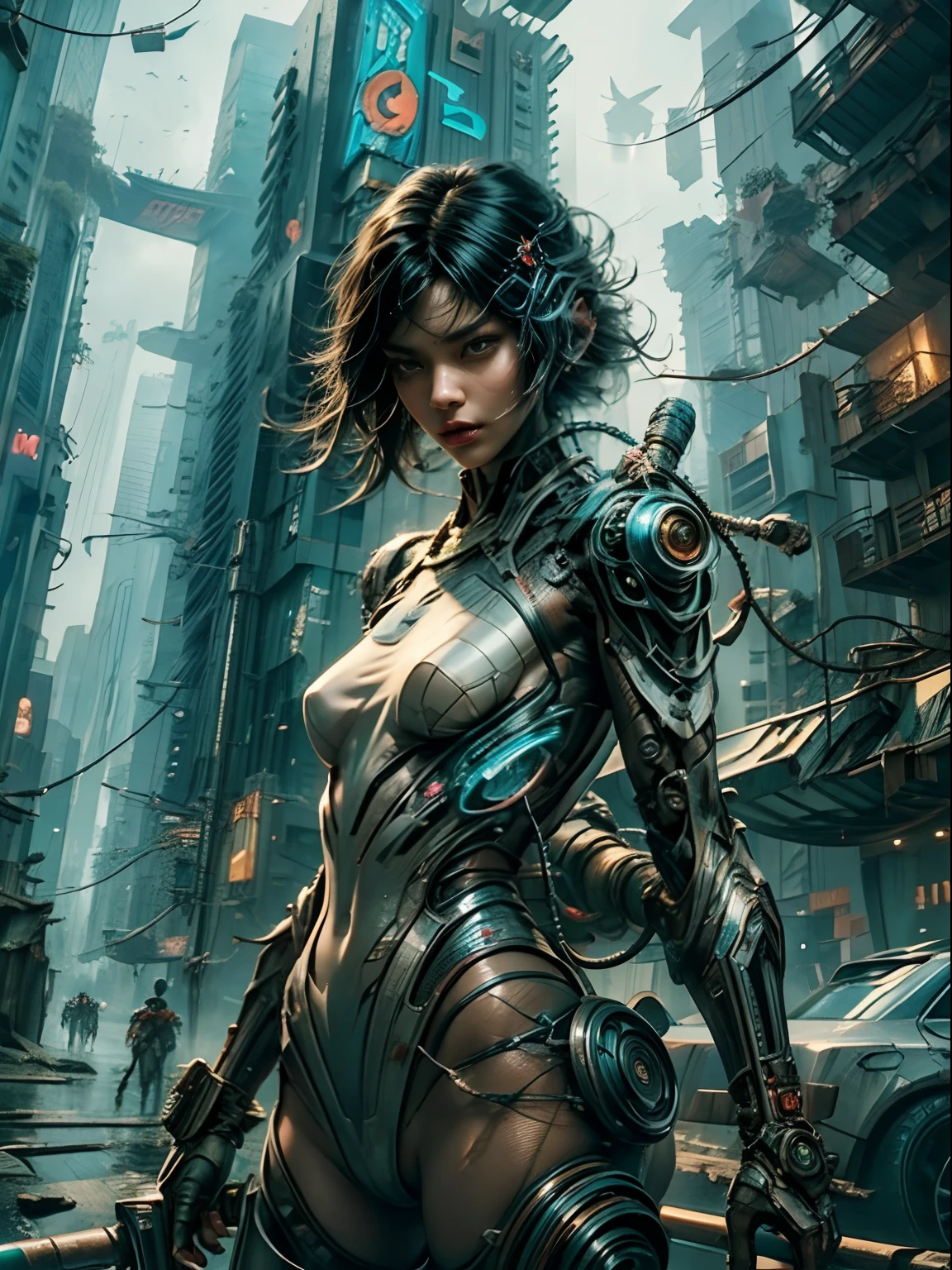 1 Cyberpunk girl, close up cowboy shot, detailed Asian face, NSFW, futuristic, mechanical aesthetics, complex machinery, high-tech futuristic Cyberpunk city in the background, virtual engine 5, cinematic lighting.