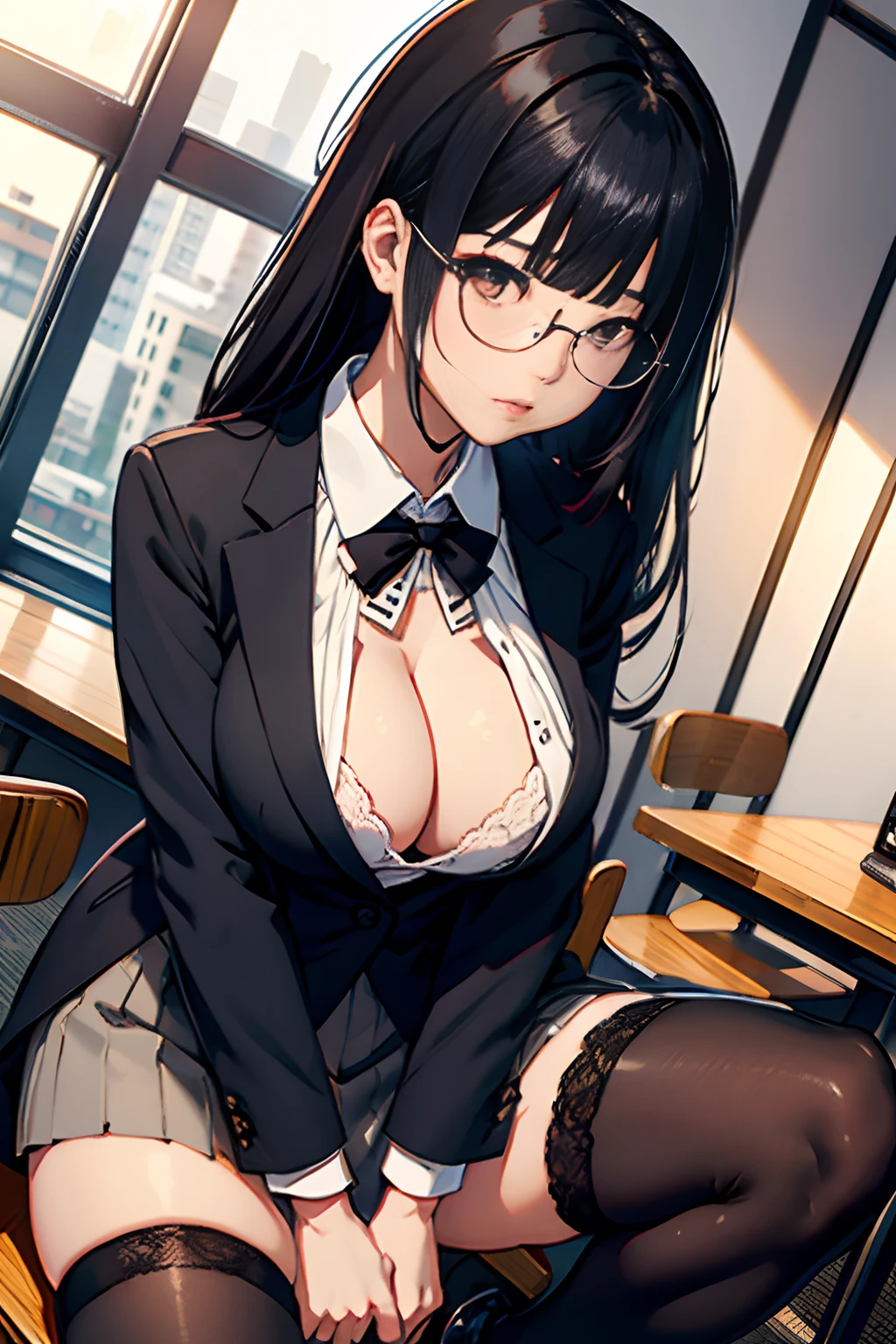 japanes、OL 、A dark-haired long、eye glass、Beige tight skirt、Ren Hao Black stockings、Lace black bra、Open white blouse、Stripes Black suit jacket、Colossal tits、low angles、Ren Hao Blue T-back、Panchira、Company Rooms meeting room