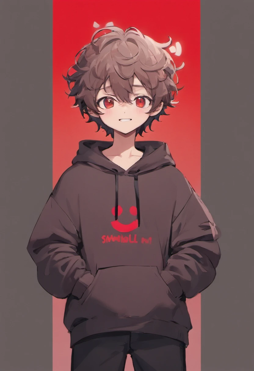 ((boy)),((dark brown light curly hair)), ((wearing grey hat)), ((hat type: bucket hat)), ((hat color: grey)), ((design on hat: simple white smiley face)), ((wearing grey bucket hat with a simple white smiley face )), ((brown hair)), ((race: Hispanic)), ((clothing: red hoodie)), ((wearing red hoodie)), ((nothing on red hoodie)), (( basic red hoodie)), ((pose: doing a peace sign with his hands)),((happy)), ((eyes closed)), ((smiling)), ((eyes closed because of smiling)), ((black pants)), ((gradient of red and black background))