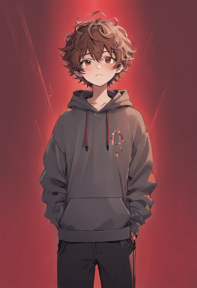 ((boy)),((dark brown light curly hair)), ((wearing grey hat)), ((hat type: bucket hat)), ((hat color: grey)), ((design on hat: simple white smiley face)), ((wearing grey bucket hat with a simple white smiley face )), ((brown hair)), ((race: Hispanic)), ((clothing: red hoodie)), ((wearing red hoodie)), ((nothing on red hoodie)), (( basic red hoodie)), ((pose: doing a peace sign with his hands)),((happy)), ((eyes closed)), ((smiling)), ((eyes closed because of smiling)), ((black pants)), ((gradient of red and black background))