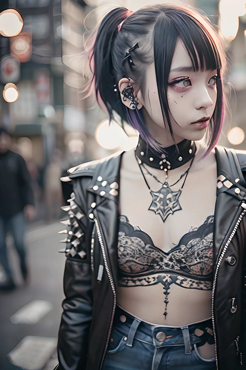 punk girl、Tosaka、No mohawk sleeves、The tattoo、head phone、🎧、goth_punk, 1girl in, 独奏, medium shot, Walking in Harajuku, ((during night)), bokeh dof, Neon light, Iridescent eyes, starrysky, red glowing hair, Black eyebrows, Radiant hair, (iridescent red hair), 耳Nipple Ring, bangss, jewely, masks, bluntbangs, verd s eyes, Mouth mask, blurry backround, bblurry, hair adornments, Look at viewers, shorth hair, portraitures, side locks、goth、(masutepiece), (Portrait), (Aesthetic), (Beautiful), (upper blody), (High quality), (aesthetic clothings), (professional angle), (thirds rule), (Feminine), (Woman), (Female), (Beautiful),(Feminine features), (25-years old), Solo, 1 woman, (Charming punk girl), Winters, Dramatic light, ((Playing guitar)), (Standing), Edgy makeup, (Small bust), ((electric guitar)), (Front face), (Defiant expression), ((defiance)), (Leather jackets and tattoos), ((Short hair)), (dyed (E.G. and pinks) hair), (spiky hair), (Thick hair), Matte Shine Hair, (Hair bands scattered in the hair), (Green eyes), (Bold and bold look), (pale skin), (Dark clothes), (Band T-shirt), (Ripped jeans), (-), crew neckline), ((Urban alley background)), (up close shot), Beautiful hands, Two hands, normal hands, Two arms, complete hands, Beautiful body, Beautiful fingers, normal fingers, Five Fingers, Five Fingers, (Thumb index finger ring finger), Beautiful ears, normal ears, Beautiful eyes, shiny eyes, Beautiful mouth, Beautiful lips,