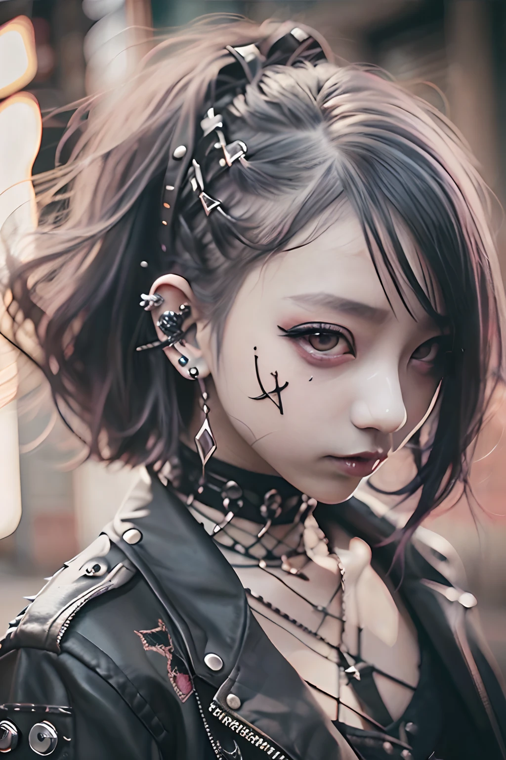 punk girl、Tosaka、No mohawk sleeves、The tattoo、head phone、🎧、goth_punk, 1girl in, 独奏, medium shot, Walking in Harajuku, ((during night)), bokeh dof, Neon light, Iridescent eyes, starrysky, red glowing hair, Black eyebrows, Radiant hair, (iridescent red hair), 耳Nipple Ring, bangss, jewely, masks, bluntbangs, verd s eyes, Mouth mask, blurry backround, bblurry, hair adornments, Look at viewers, shorth hair, portraitures, side locks、goth、(masutepiece), (Portrait), (Aesthetic), (Beautiful), (upper blody), (High quality), (aesthetic clothings), (professional angle), (thirds rule), (Feminine), (Woman), (Female), (Beautiful),(Feminine features), (25-years old), Solo, 1 woman, (Charming punk girl), Winters, Dramatic light, ((Playing guitar)), (Standing), Edgy makeup, (Small bust), ((electric guitar)), (Front face), (Defiant expression), ((defiance)), (Leather jackets and tattoos), ((Short hair)), (dyed (E.G. and pinks) hair), (spiky hair), (Thick hair), Matte Shine Hair, (Hair bands scattered in the hair), (Green eyes), (Bold and bold look), (pale skin), (Dark clothes), (Band T-shirt), (Ripped jeans), (-), crew neckline), ((Urban alley background)), (up close shot), Beautiful hands, Two hands, normal hands, Two arms, complete hands, Beautiful body, Beautiful fingers, normal fingers, Five Fingers, Five Fingers, (Thumb index finger ring finger), Beautiful ears, normal ears, Beautiful eyes, shiny eyes, Beautiful mouth, Beautiful lips,