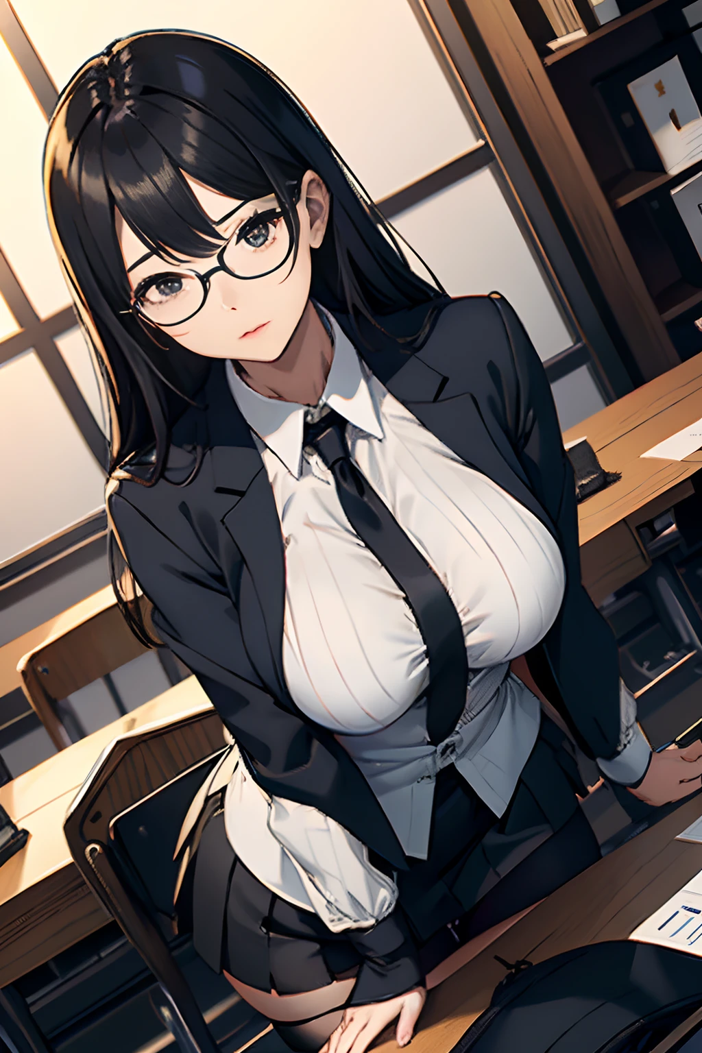 japanes、OL 、A dark-haired　long、eye glass、Beige tight skirt、Ren Hao　Black stockings、Lace black bra、Open white blouse、Stripes　Black suit jacket、Colossal tits、low angles、Ren Hao　Blue T-back、Panchira、Company Rooms　meeting room