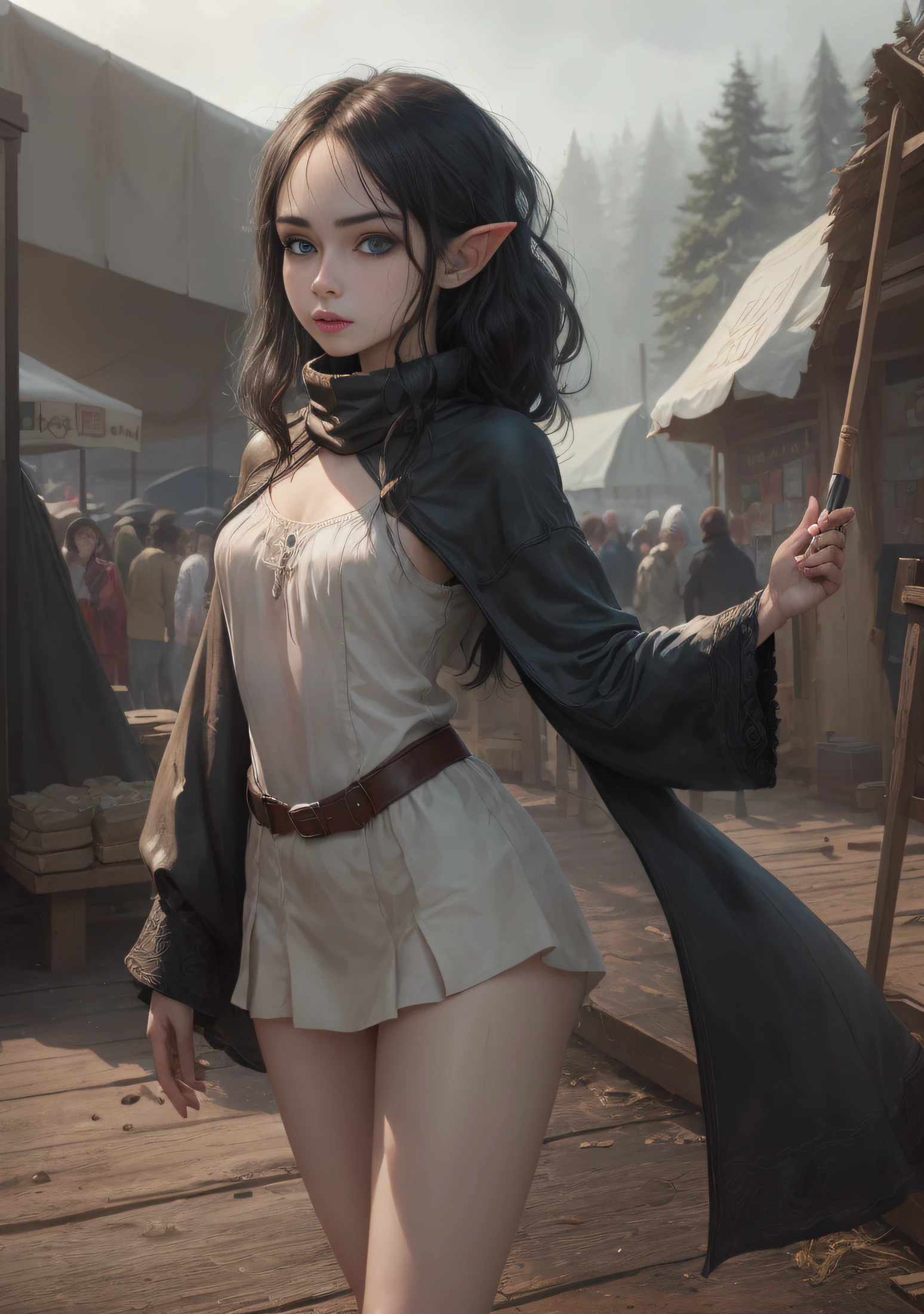 The elf stands and looks at the camera, A girl stands at a fair in the rain, heavy rain, blue eyes and dark hair, pony tail, face mask, wet clothing, dark sky, Thin, Wet waist, Slender figure, Appearance of the model, confusion, sexuality, pixie, elf ears, Beautiful ears, green colored eyes, little chest, wet clothing, (Clothes shine through), (visible through clothes), Elf Girl, Sweet girl, attractive anime girl, beautiful anime girl, Cute beautiful anime woman, detailed digital anime art, beautiful anime girl, beautiful anime girl, Anime with small details, Best Quality, Masterpiece, Ultra-detailed, Beautiful, hight resolution, Original,CG 8K ультрареалистичный, perfect artwork, beatiful face, Face Clean, Skin, hyper realistic, Ultra Detailed, A detailed eye, dramatic  lighting, (Realistic) Realistic, Full HD, Best Quality, Best Quality, Beautiful lighting, (8k wallpaper of extremely detailed CG unit), High Details, sharp-focus, The art of dramatic and photorealistic painting, bare leg,