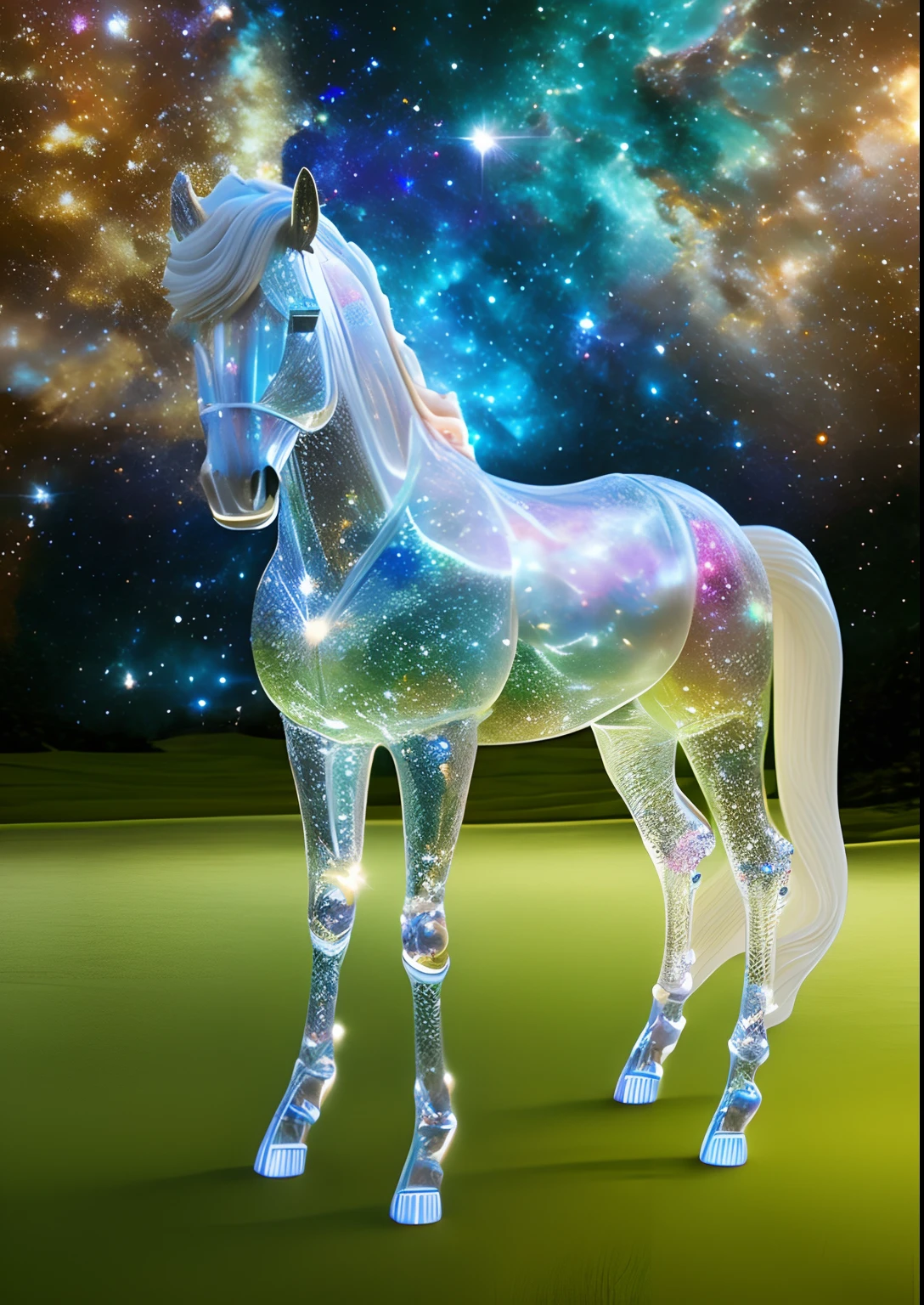 intricate transparent glass interstellar nebula [Pony] statue made of galaxies,  flora and fauna,  hyper realistic,  ultra detailed,  elegant,  beautiful,  1 tail