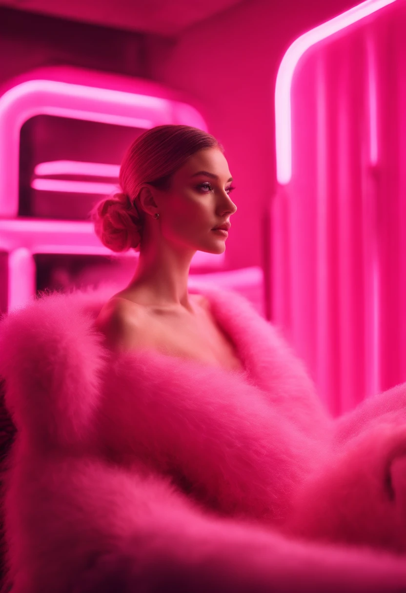 There is a woman sitting in a chair with a book, Pink light, inspired by Ray Caesar, pinkish lighting, pink lighting, Aura pink, woman looks like Gigi Hadid and Bella Hadid, she is sitting in a pink fluffy chair, cpink matrix light,, inspired by Chris LaBrooy, retrofuturistic female android, Dramatic pink lighting, android heroine, pink light, Biophilia mood. The woman is wearing pink midi dress and black boots on heels, her hair is in a sleek bun