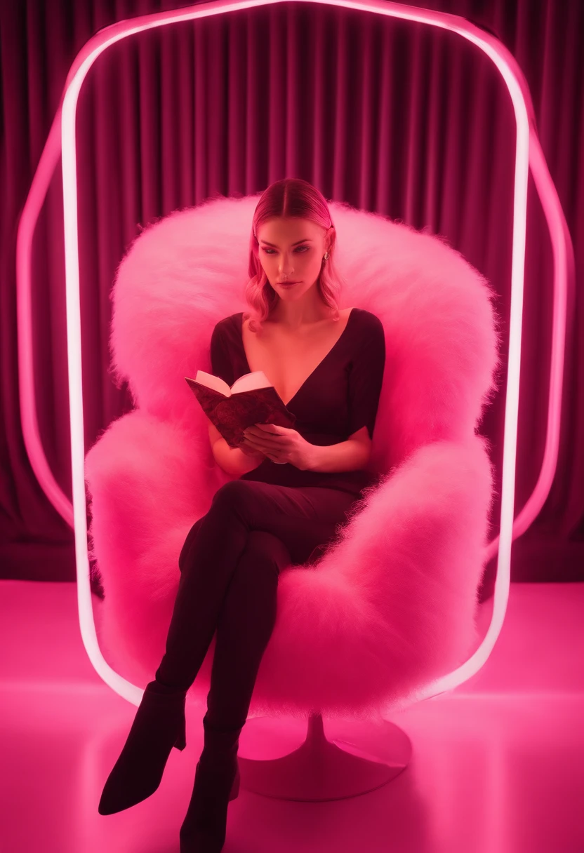 There is a woman sitting in a chair with a book, Pink light, inspired by Ray Caesar, pinkish lighting, pink lighting, Aura pink, woman looks like Gigi Hadid and Bella Hadid, she is sitting in a pink fluffy chair, cpink matrix light,, inspired by Chris LaBrooy, retrofuturistic female android, Dramatic pink lighting, android heroine, pink light, Biophilia mood. The woman is wearing pink midi dress and black boots on heels, her hair is in a sleek bun