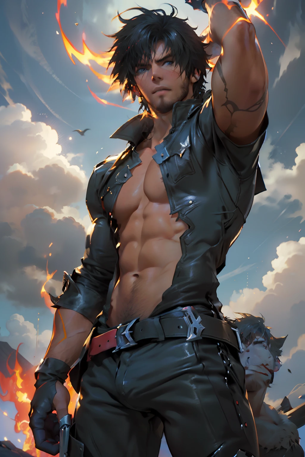 (absurdos, Altas Resoluciones, Ultra detallado, HDR), Obra maestra, nsfw, La mejor calidad, final fantasy xvi, clive rosfield, 1hombre solamente, guapo, pelo corto, cabello negro, Ojos azules vibrantes, ojos finos y cara detalladas, (((Fuego, llamas, a su espalda)) Armadura, ((Arma intrincada)). Final Fantasy, clive rosfield,, abs, badass pose, Chico de anime con las manos en la cabeza, Hermosa pose de anime, Anime hombre guapo, Personaje masculino de anime, Badass Anime 8K, Arte detallado del personaje de anime, Concepto de anime HDR Anime MacManus, Chico anime, Ikuto Yamashita, Anime CG arte suave, Fondo de pantalla de manga 4 k, inspirado por Yamagata Hiro, Wallaper de anime
