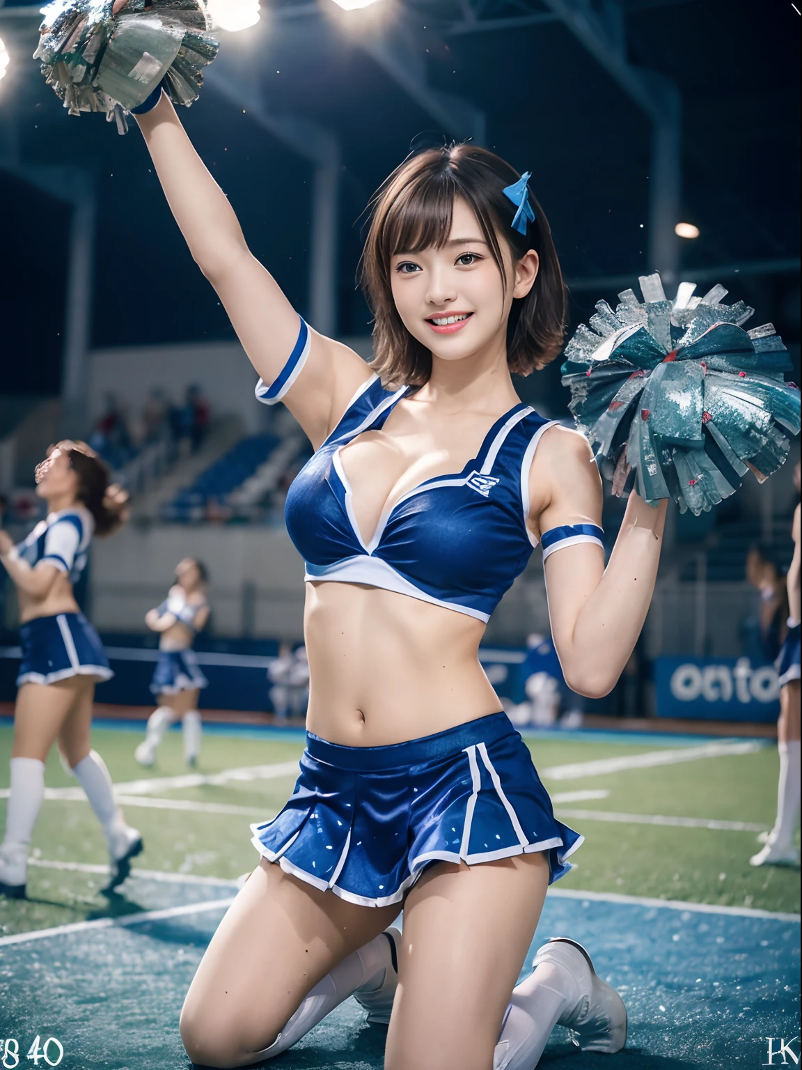 (((top-quality、8K、photographrealistic:1.4、masterpiece)))、Back lighting、Highly detailed facial texture woman、18year old、(((Blue Cheerleader:1.2)))、((Stadium Background:1.2))、with arms up、a smile、Shiny blonde hair and short hairstyle、a blond。short-hair。Parted sleeves, bare shoulders, Center opening, cleavage of the breast, Central chest,crouching cowgirl、bow ribbon。Twin-tailed。Kneeling