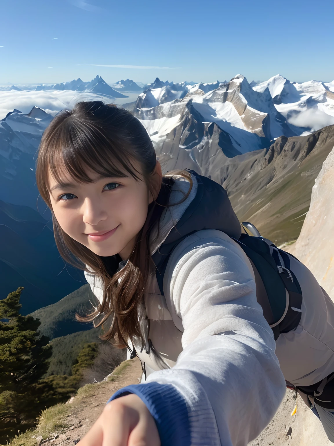 realisticlying、Snow-capped climbing、Outdoor Fashion Girl、Mountain from the cliff々々View、Portrait、Happy smile、Orange sunset