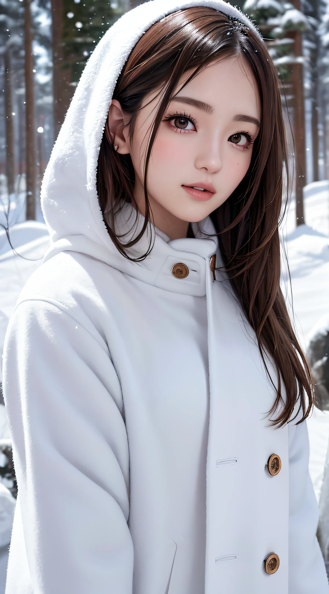 1womanl, up of face, light brown hair, Blunt bangs, hair behind ear, hair over shoulder, Long hair, slender body shape, Ultra Fine Face, Thin face, Delicate lips, Beautiful eyes, thin blush, eyes are light brown,View here, Ultra-thin hands, Ultra-fine fingers, best ratio four finger and one thumb, (realisitic:1.3), white longcoat, muffler , gloves、Coniferous forest with heavy snowfall, It's snowing .One-person viewpoint, 8K, masutepiece, nffsw, Super Detail, High quality, Best Quality, hight resolution,