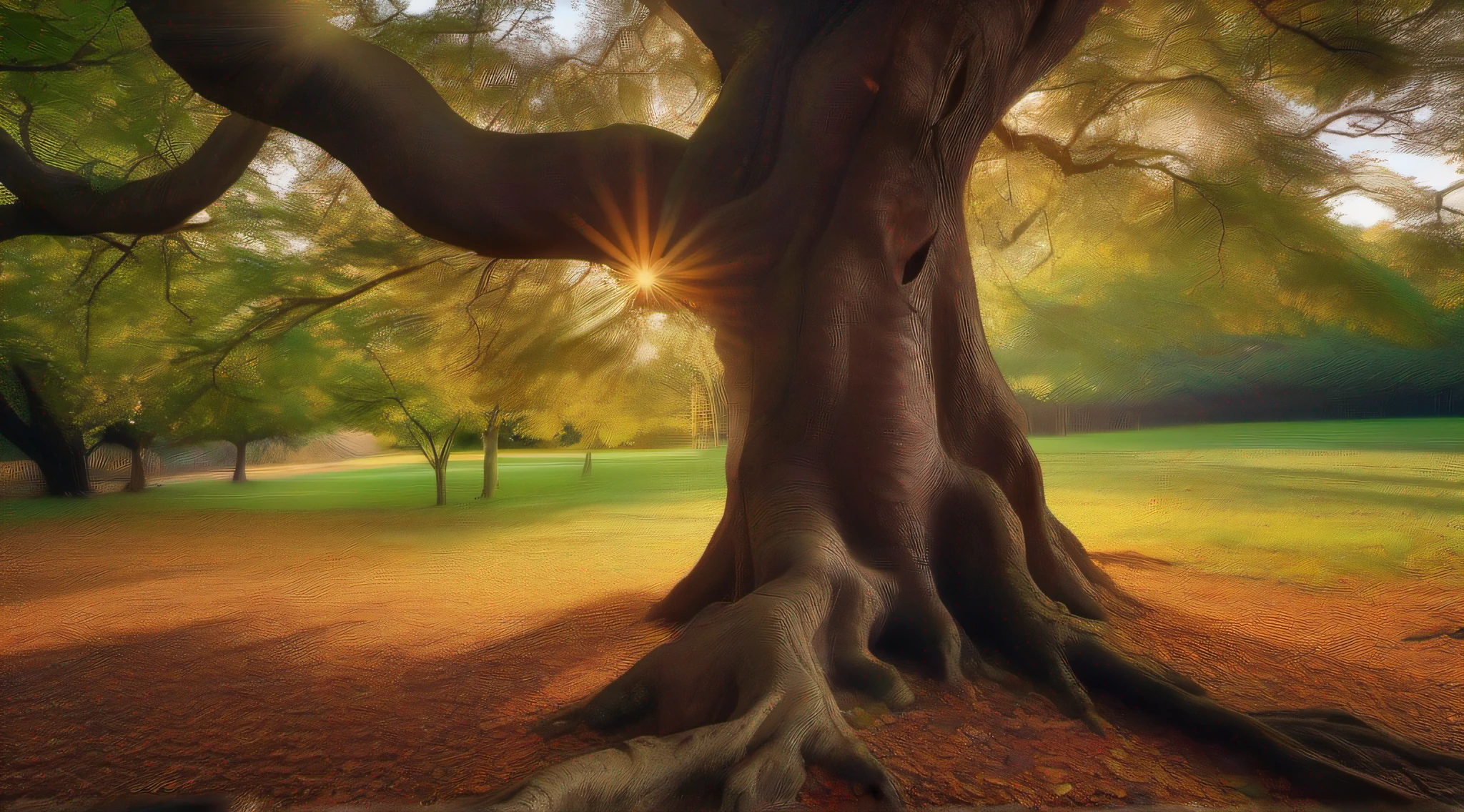 (best quality,4k,8k,highres,masterpiece:1.2),ultra-detailed,(realistic,photorealistic,photo-realistic:1.37), HDR, (large, towering, majestic), old tamarind tree green leaves, (ancient trunk, gnarled branches), (long, stretching) shadow, (sunlight, sunlight's rays), (ground, floor) covered in dry leaves, (autumn foliage, autumn colors), peaceful atmosphere, (serene, calm), (golden, warm, sun-kissed) color palette, (subtle, gentle) lighting