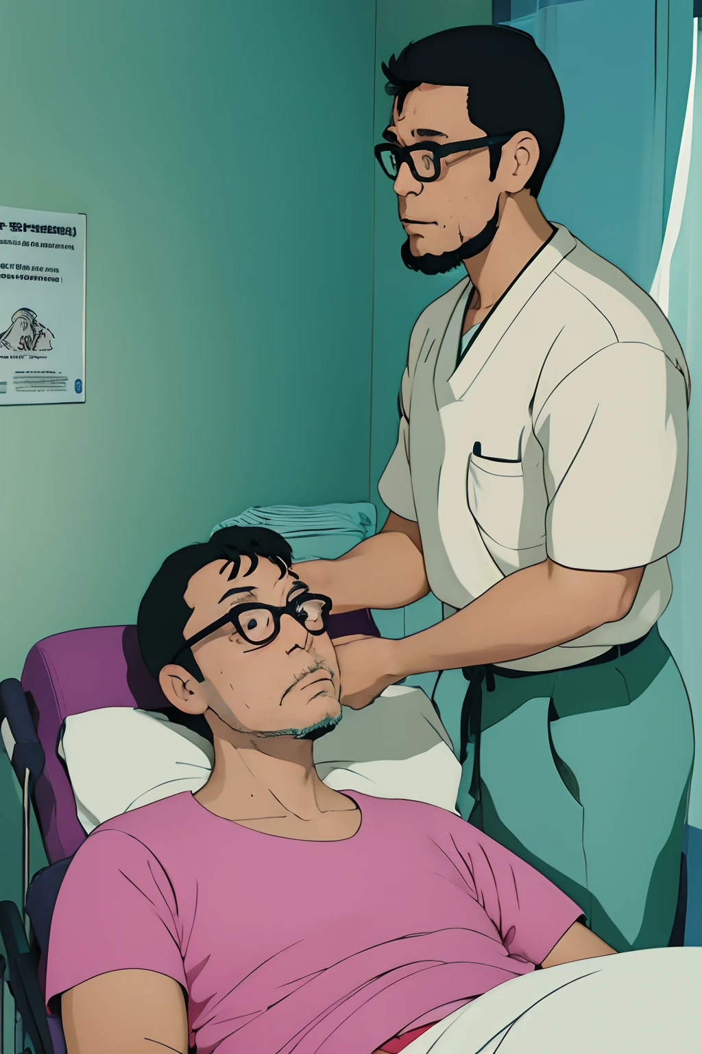 Create a moving Studio Ghibli-inspired illustration that captures a poignant moment of post-surgery care and conversation in a hospital room. The scene is infused with whimsy, charming style characteristic of Studio Ghibli animations.The hospital room is depicted with a touch of magic, Mixing the Clinical with the Fantastic. macio, Diffused light flows through open curtains, casting a warm, comforting glow over the room. The walls are adorned with soft pastel colors that soothe the spirit.(((O homem na cama do hospital, wearing glasses and beard))), aparece como um personagem resiliente, with dressings or medical monitoring equipment indicating their post-surgical status. His glasses rest nearby, Adding a personal touch to your identity.At the bedside is a doctor, vestido com um jaleco branco, simbolizando profissionalismo e empatia. The presence of the blond doctor exudes an air of tranquility and care, misturando-se perfeitamente com o mundo ao estilo Studio Ghibli.The doctor and the patient engage in a conversation that transcends the clinician, emphasizing human connection and emotional support that are equally vital to the healing process.This Studio Ghibli-inspired artwork encapsulates the magic of compassionate health care, where the ordinary becomes something extraordinary. It highlights the importance of medical expertise and the gentleness of the human touch in moments of vulnerability.