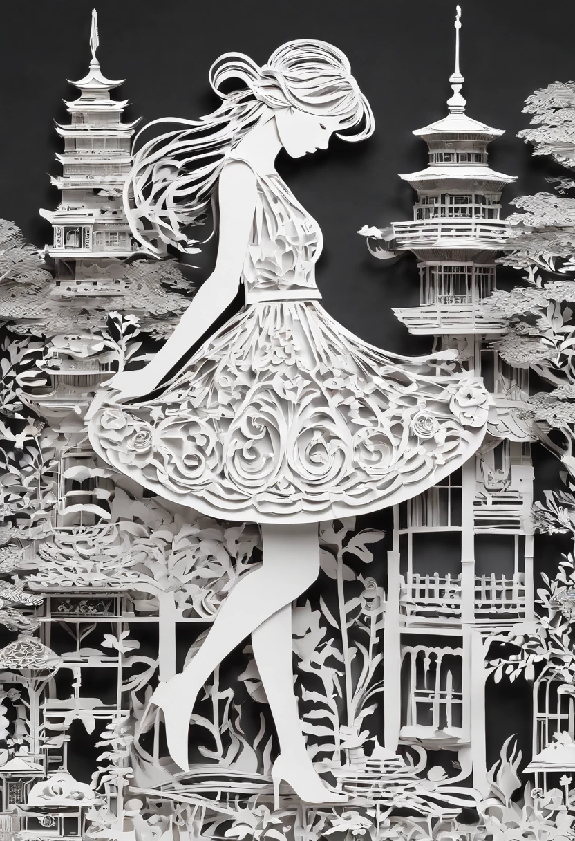 Bun hair、One girl is squatting、doress、backs、Rear view、Looks Back