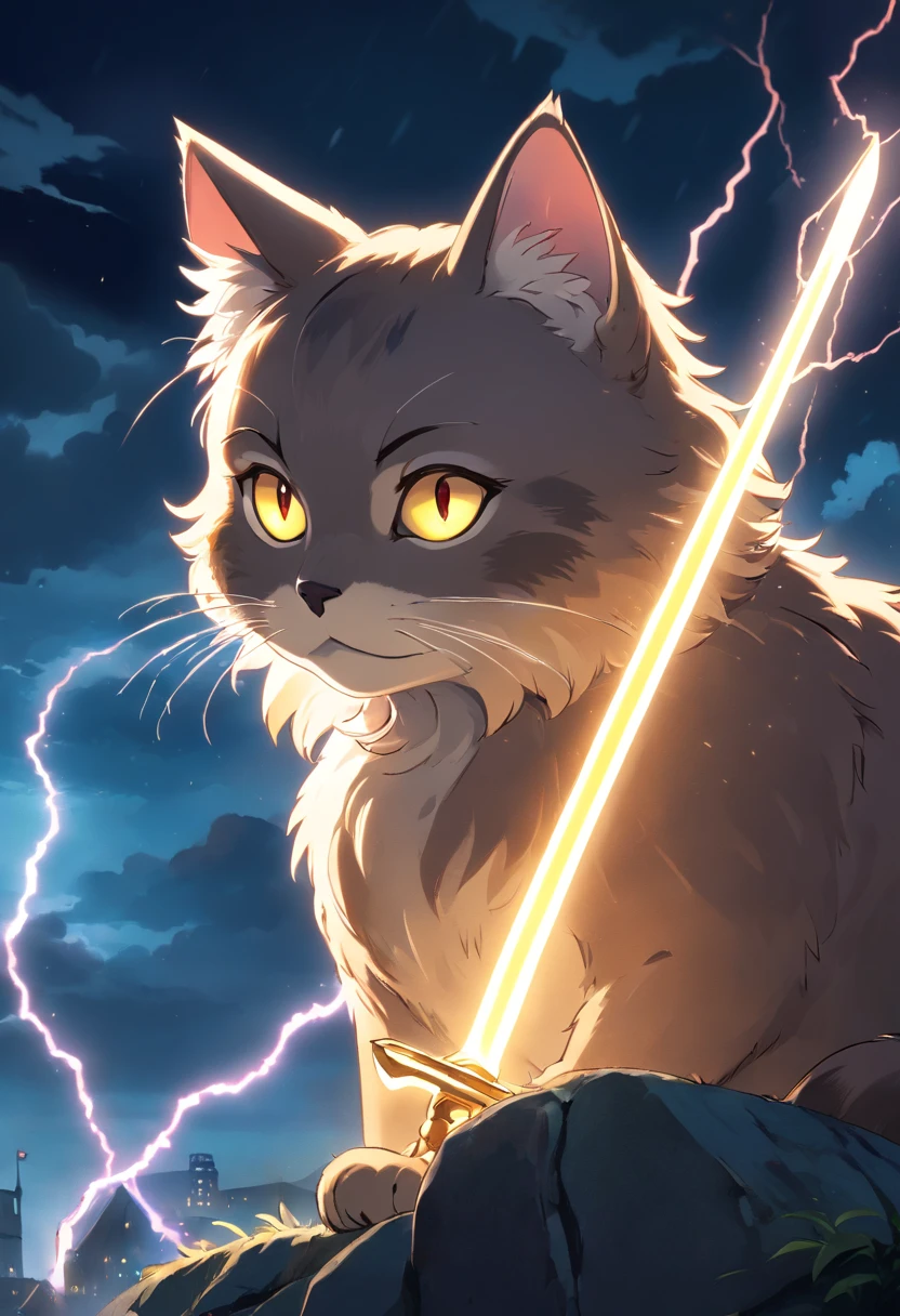 Humanoid cat, Lightning, Dark night, Face details, fur, glowing light eyes, Muscle armor, big sword, high realistic, hill, blur backgroun, 4K, High contrast, black shadows, Shaders, Ray tracing, water, Splash, medieval, Burning, Fire, Lightning, Slash, Fur face, full bodyesbian, Eye contact, Furry, Tall, Blind, Rained