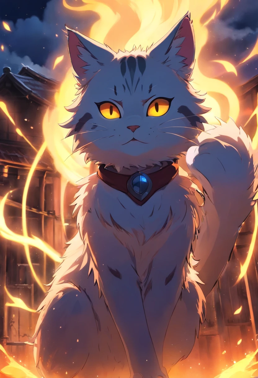 Humanoid cat, Lightning, Dark night, Face details, fur, glowing light eyes, Muscle armor, big sword, high realistic, hill, blur backgroun, 4K, High contrast, black shadows, Shaders, Ray tracing, water, Splash, medieval, Burning, Fire, Lightning, Slash, Fur face, full bodyesbian, Eye contact, Furry, Tall, Blind, Rained