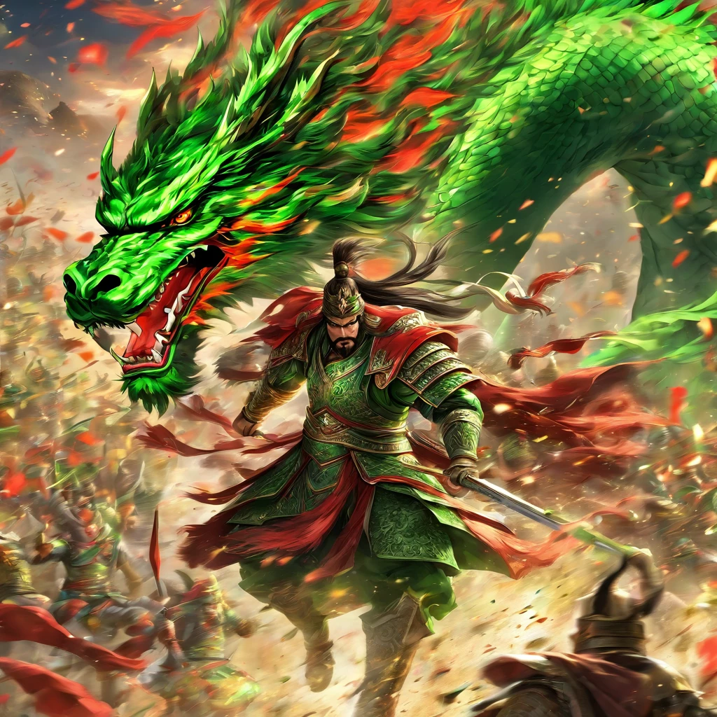 Dynasty warriors,Guan Yu rode a red horse through the field, Sultan Mohammed style, first person, Perspective,The huge green dragon knife slashed at the audience, Knife with translucent fluorescent green dragon, Exaggerated perspective, amazing moment, Emerald and bronze,Fluorescent green, heroes ，best qualtiy，tmasterpiece，Artistic effects，8K，rendering by octane