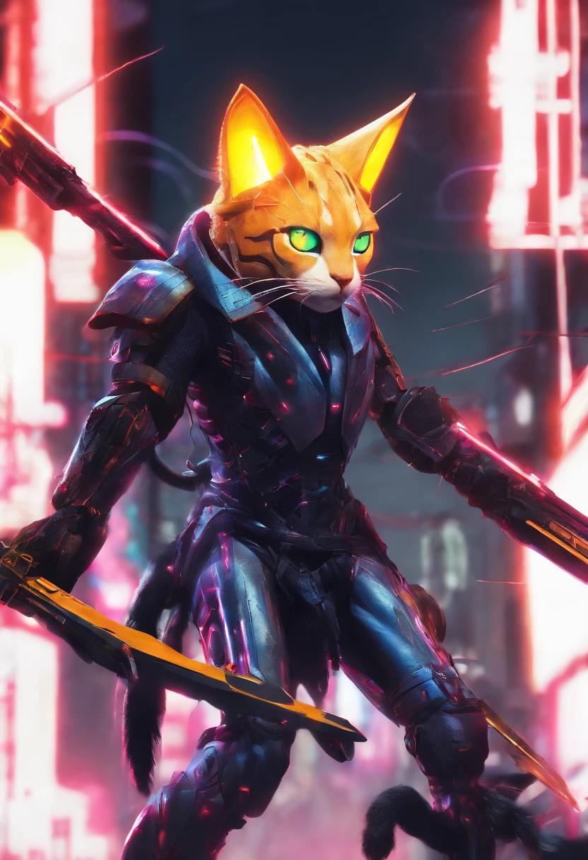 Humanoid cat, Lightning, Dark night, Face details, fur, glowing light eyes, Muscle armor, big sword, high realistic, hill, blur backgroun, 4K, High contrast, black shadows, Shaders, Ray tracing, water, Splash, medieval, Burning, Fire, Lightning, Slash, Fur face, full bodyesbian, Eye contact, Furry, Tall, Blind, Rained