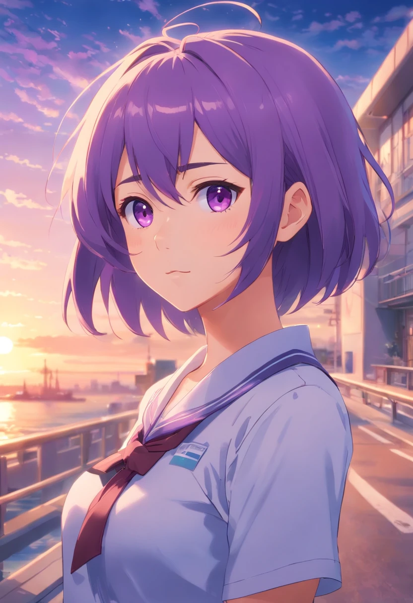 2D, Masterpiece, Best quality, anime big breast, Highly detailed, 1girll, Solo, Yuri, Purple eyes, Purple hair, hair between eye, hair pin, school uniform, Jan Dere face