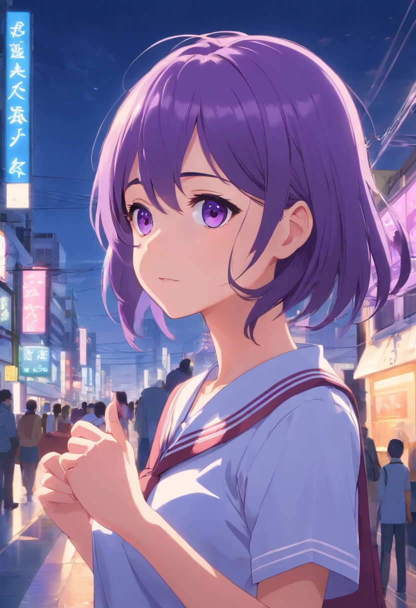 2D, Masterpiece, Best quality, anime big breast, Highly detailed, 1girll, Solo, Yuri, Purple eyes, Purple hair, hair between eye, hair pin, school uniform, Jan Dere face