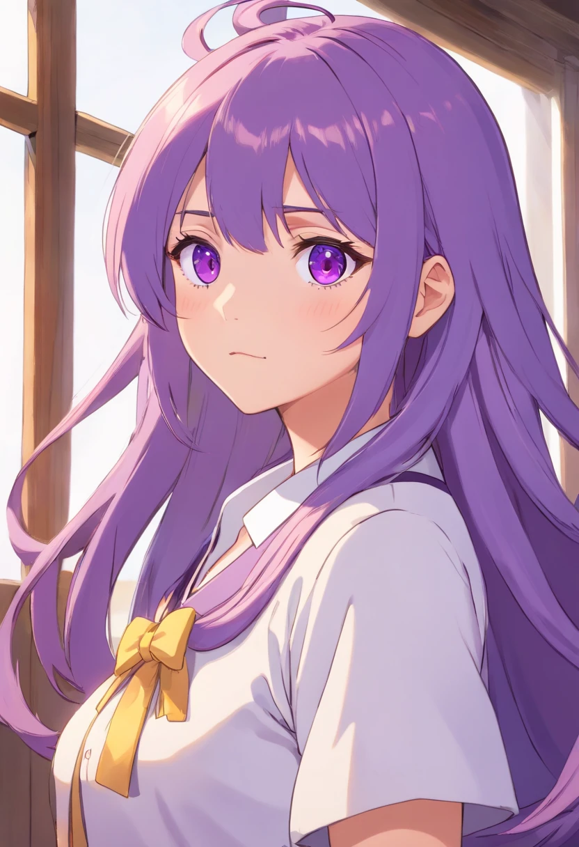 2D, Masterpiece, Best quality, anime big breast, Highly detailed, 1girll, Solo, Yuri, Purple eyes, Purple hair, hair between eye, hair pin, school uniform, Jan Dere face