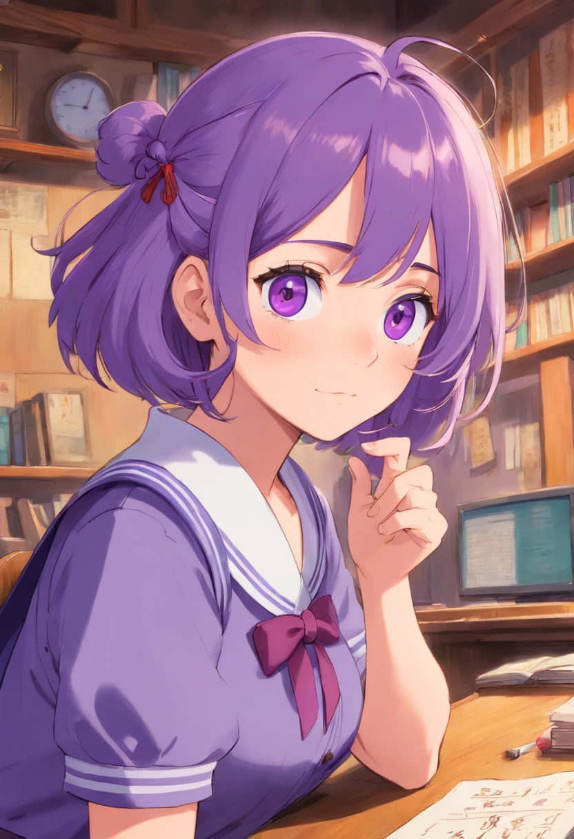 2D, Masterpiece, Best quality, anime big breast, Highly detailed, 1girll, Solo, Yuri, Purple eyes, Purple hair, hair between eye, hair pin, school uniform, Jan Dere face