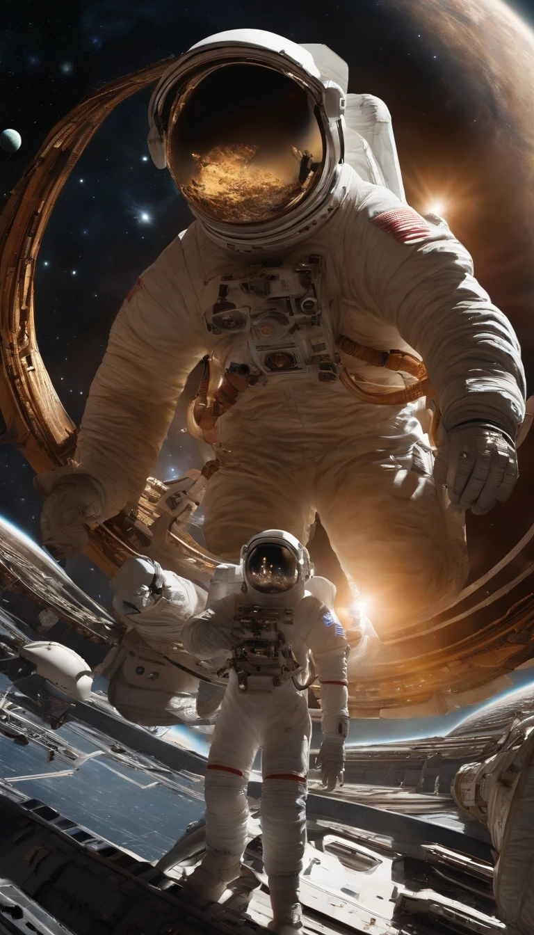 (a girl,solo,cowboy shot,a Astronauts in spacesuits float on a spaceship surrounded by planets,behind a highly Intricate spacecraft,biomechanical style:1.35),(borne aloft by the interstellar winds,traverses the cosmos,its passengers a motley crew of alien lifeforms,in an astronaut suit,seeking knowledge and answers in the great beyond planet:1.2),he skies above crack open,spilling out a river of fire as a dying star,a white dwarf,neutron star,black hole,gives up its final gasps, heralding a new era of life in its wake,balck hole,Tentacle,all-seeing-eyes,cable hair,Space plants,space nematodes,Space travelling, Space travelling, psychedelic illustrations,A Cosmic Gateway – the swirling mass of a black hole acts as a portal to another dimension, warping time and space as we know,