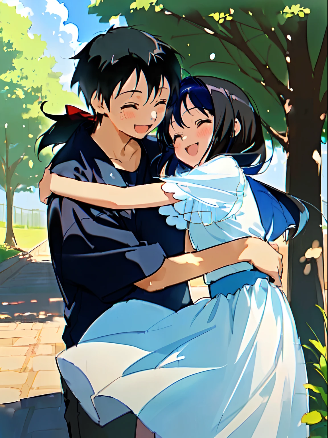 ((masutepiece)), ((Top image quality)), (1 girl, Black hair, Long hair, 10 years old, Cute:1.3), (1 boy, Blue hair, Short hair, 15 years old, Cool:1.3), (One boy hugs one girl:1.3), (One girl hugs one boy:1.3), (Man and woman laughing face to face:1.3), ((Best Quality)), (plein air, Sunshine:1.3), ((hightquality)), ((delicate illustration)), ((Ultra-delicate)),