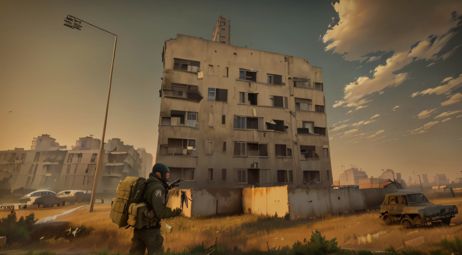 Araffe in a field with a building in the background, big poor building, full building, single building, throwing him into a building, em dayz, military outpost, Military buildings, multistory building, Soviet apartment building, No jogo, poor buildings, post apocalyptic building, concrete housing, Soviet apartment buildings, building in the distance, lots of building, residential area