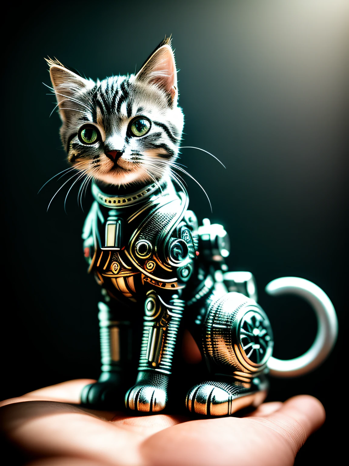 a cute kitten made out of metal, (cyborg:1.1), ([tail | detailed wire]:1.3), (intricate details), hdr, (intricate details, hyperdetailed:1.2), cinematic shot, vignette, centered