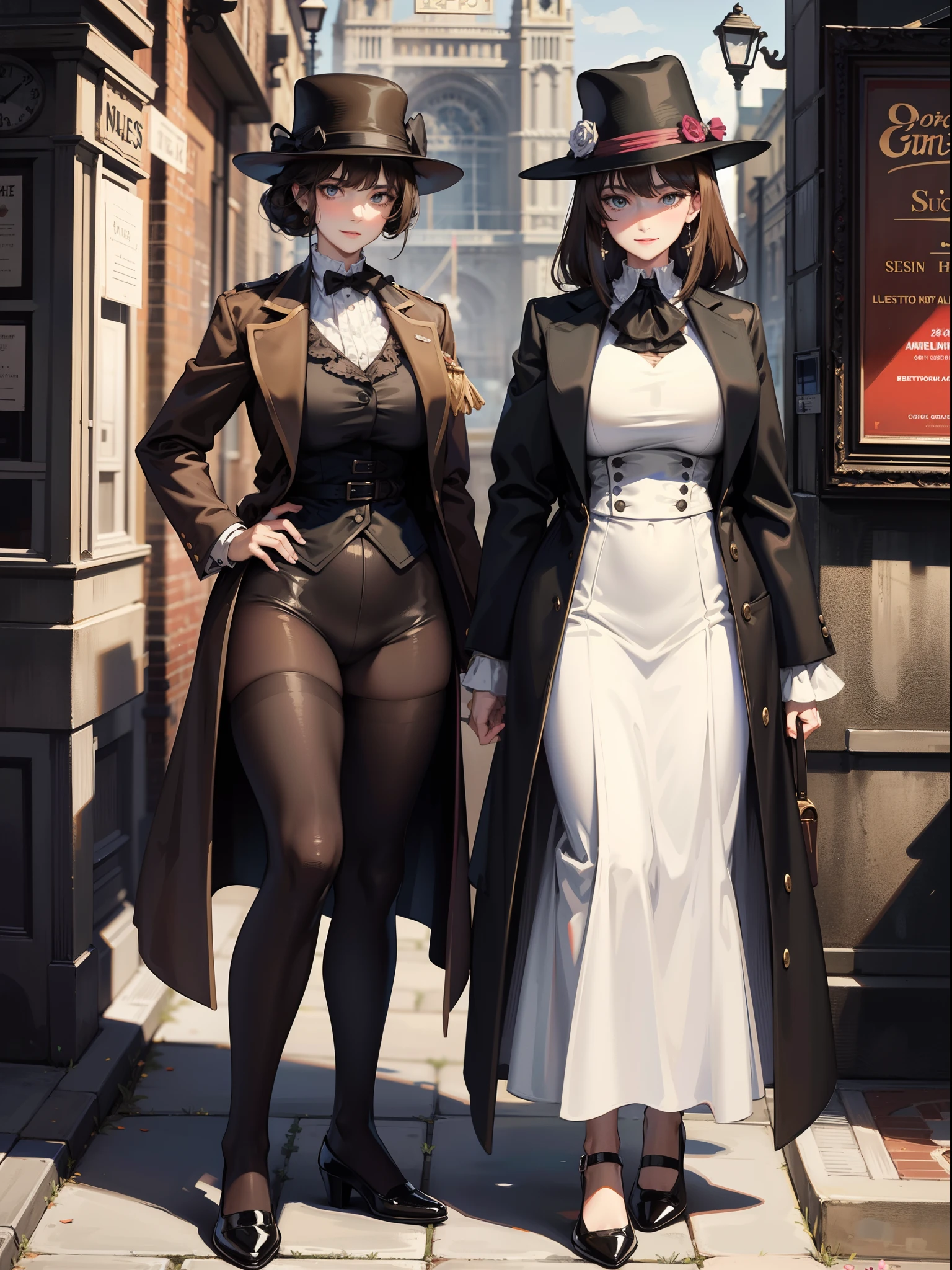 sherlock holmes & watson,
huge huge huge huge huge huge busty 2 girls assemble,
sherlock holmes girl brown glen check frock coat,
side standing watson girl white formal suits,
detective,
gently,
elegance,
wind,
smile,
london,
baker street,
british,
real face,
real body,
real background,
((((masterpiece)))), high quality, very_high_resolution, large_filesize, full color,