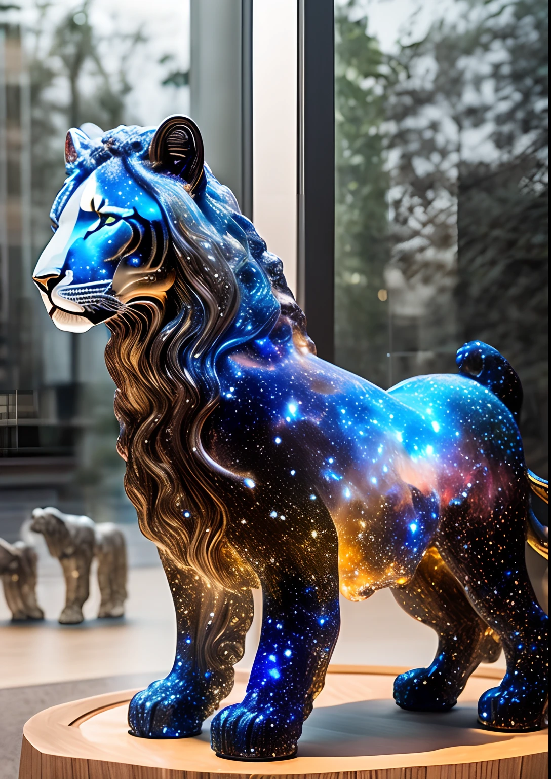 Complex transparent glass interstellar nebula [Lion] Statues made of galaxies,  Animals,  Hyper-realistic,  ultra-detailliert,  Elegant,  beautiful head.,  1 tail